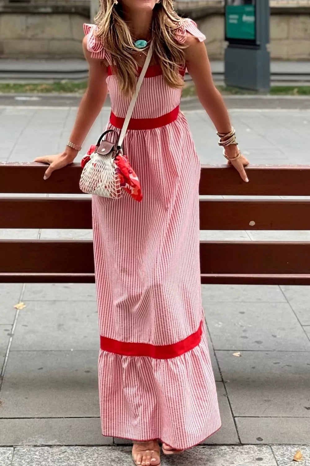 Stripe Bow Knot Straps Contrast Trim High Waist Ruffle Hem Maxi Dress