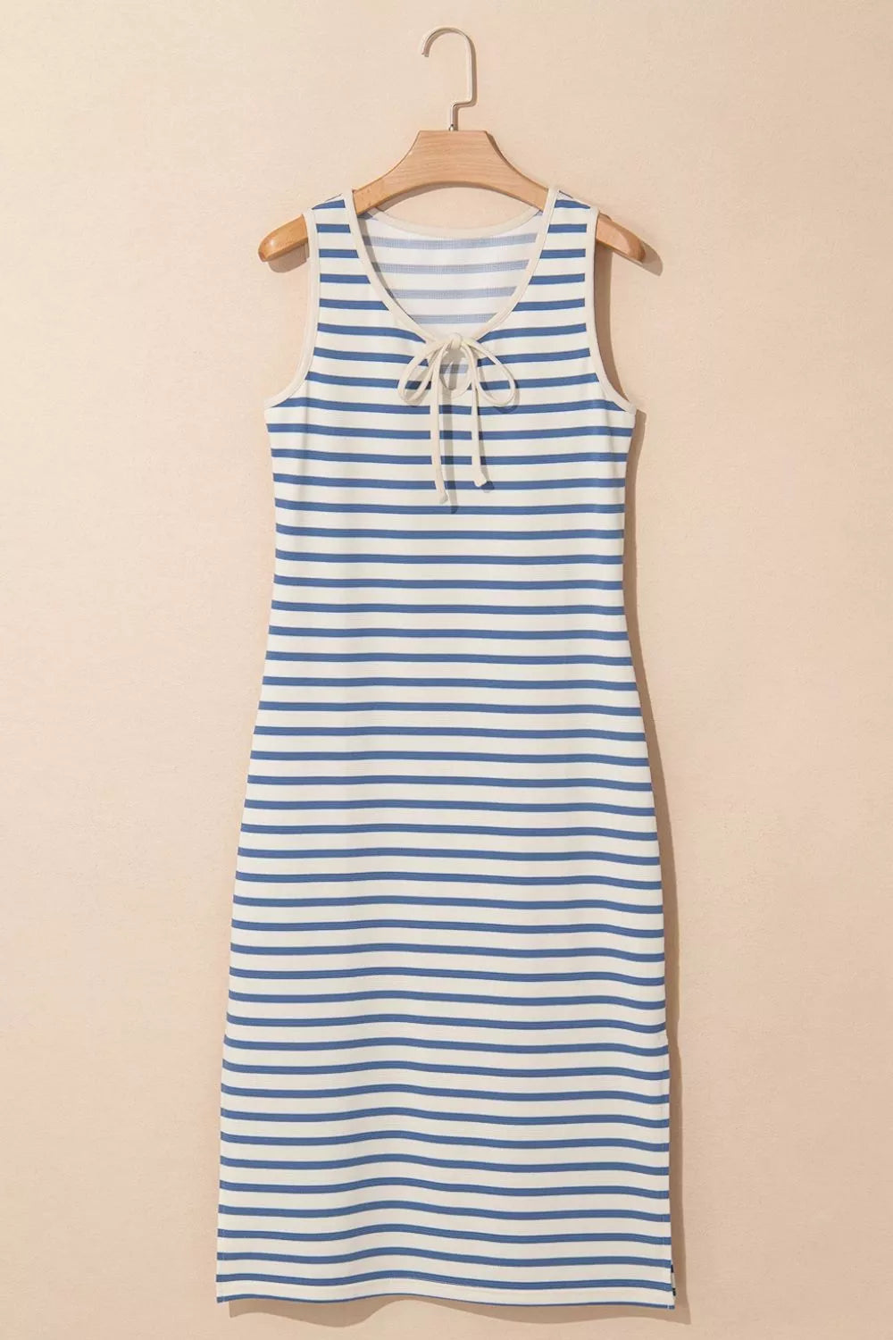 Stripe Tie V Neck Sleeveless Side Slit Midi Dress