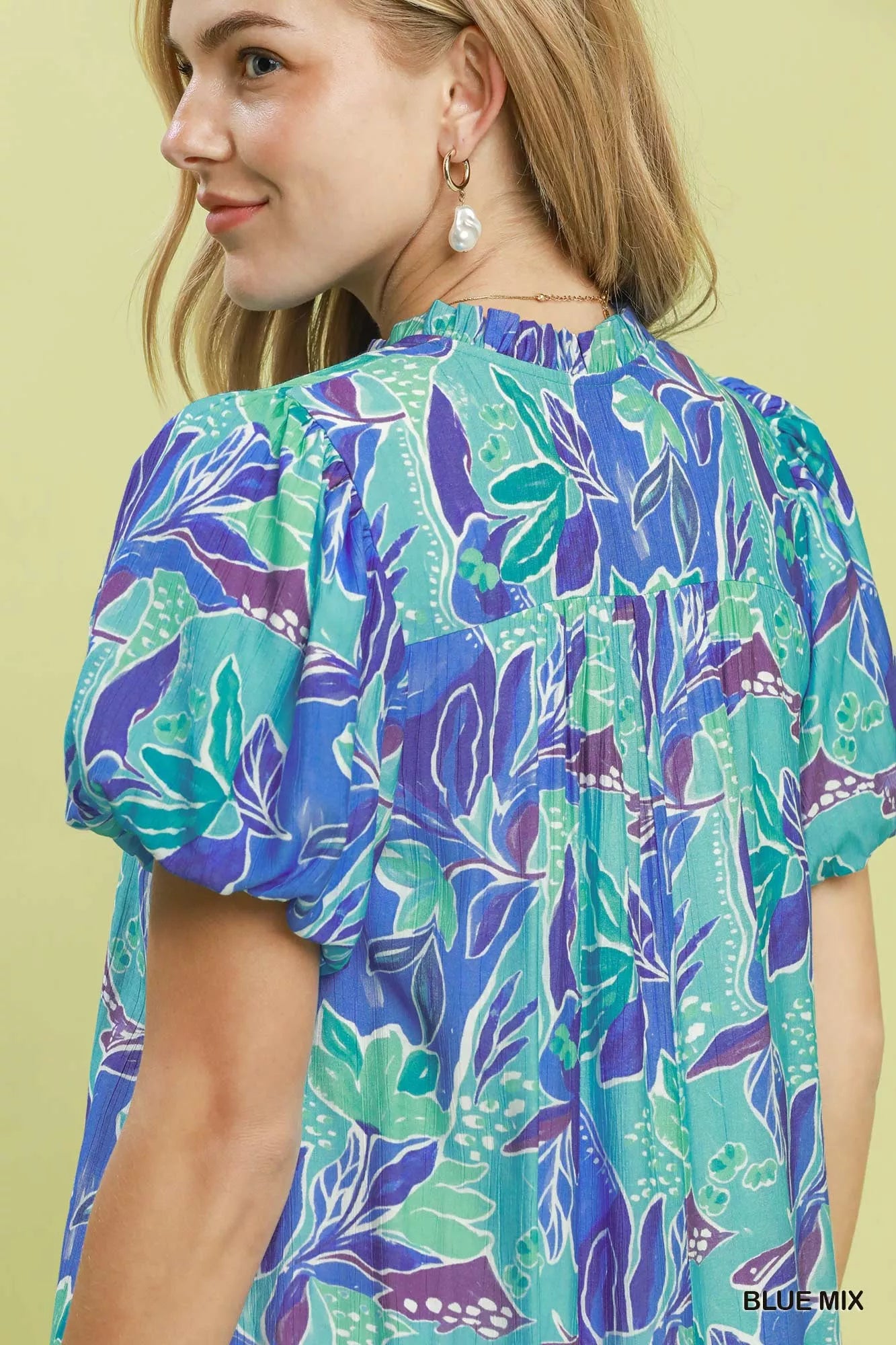 Umgee Tropical Floral Puff Sleeve Tiered Mini Dress