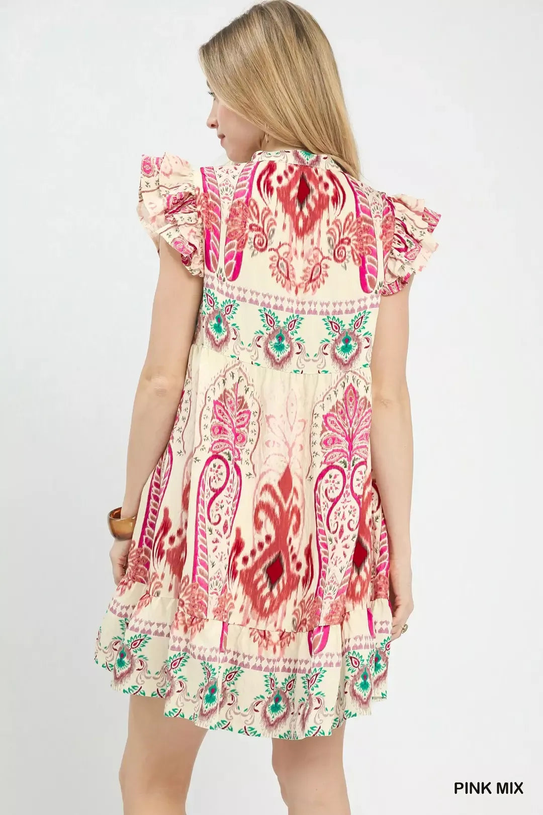 Umgee Mix Ruffle Sleeve Boho Print Dress