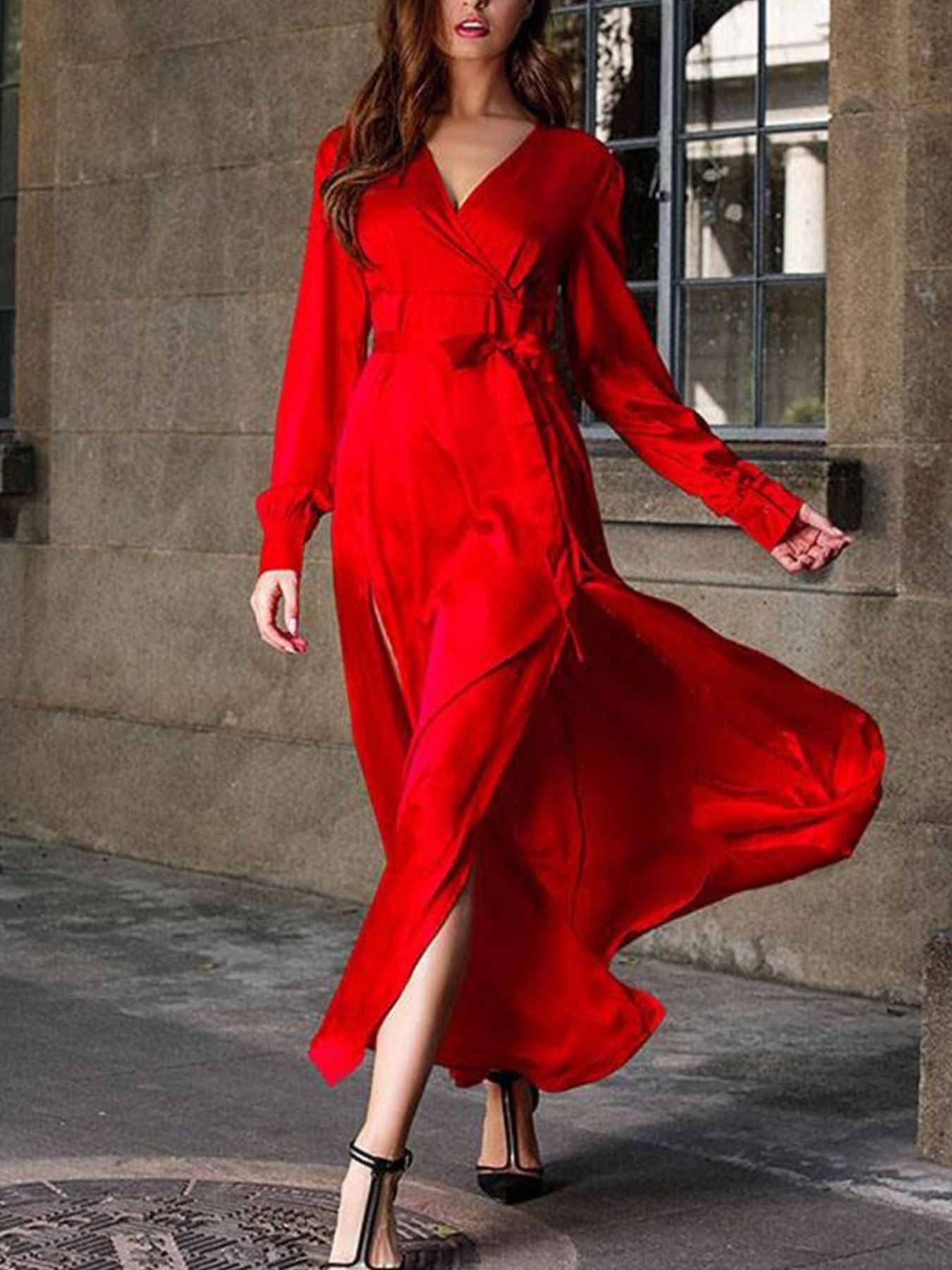 Plus Size Surplice Long Sleeve Slit Maxi Dress