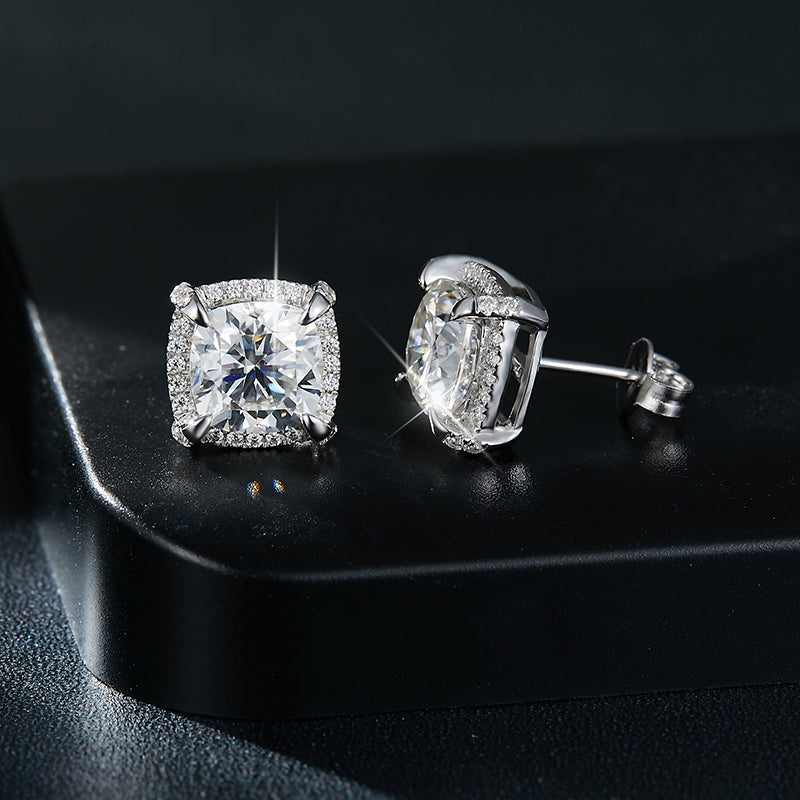 S925 Sterling Silver 8x8mm Cushion Cut Moissanite Stud Earrings Platinum Plated Halo Setting With GRA Certificate Luxury Jewelry Gift Box Set For Women