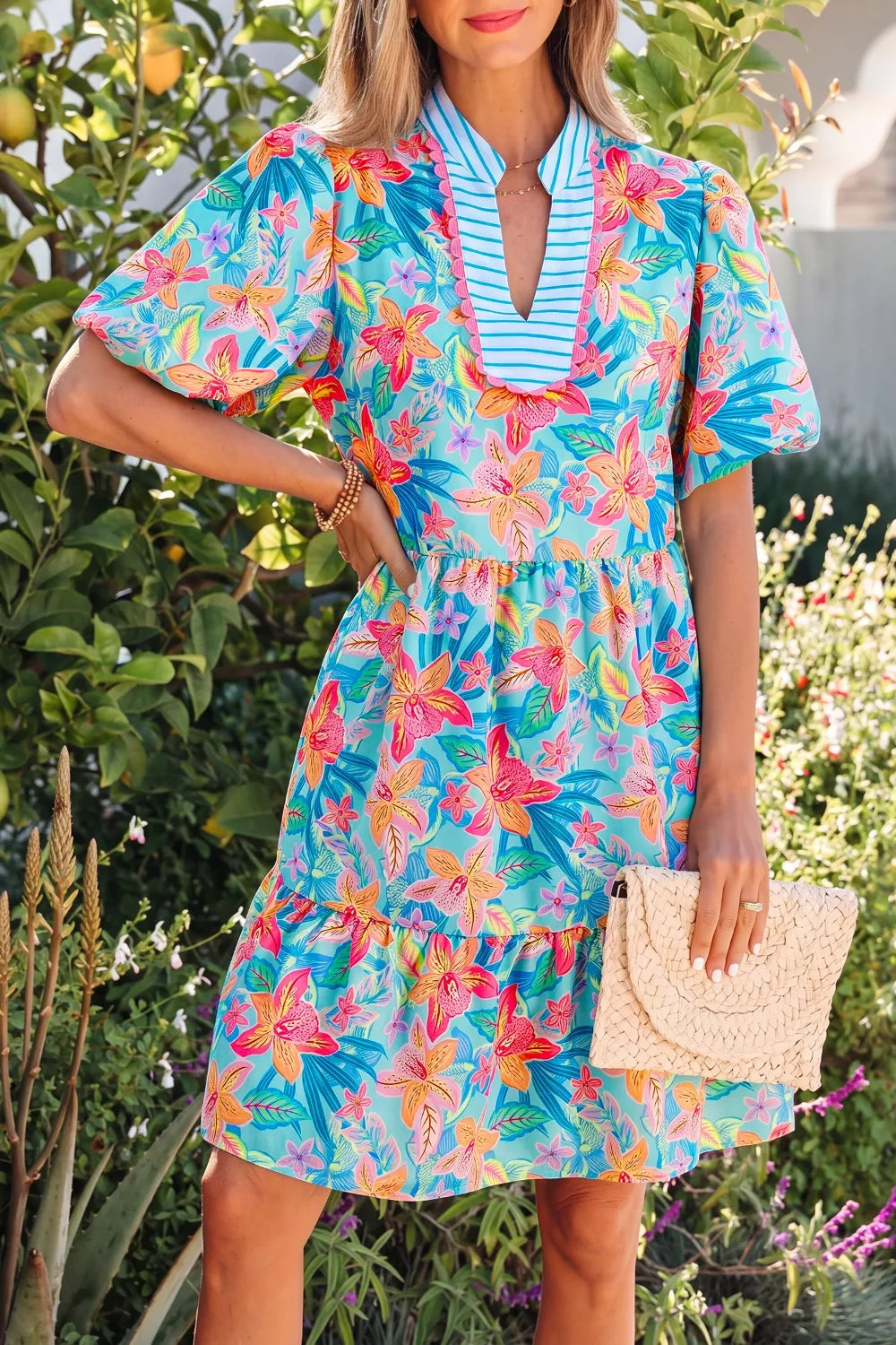 Floral Print Contrast Scallop Striped Trim V Neck Dress