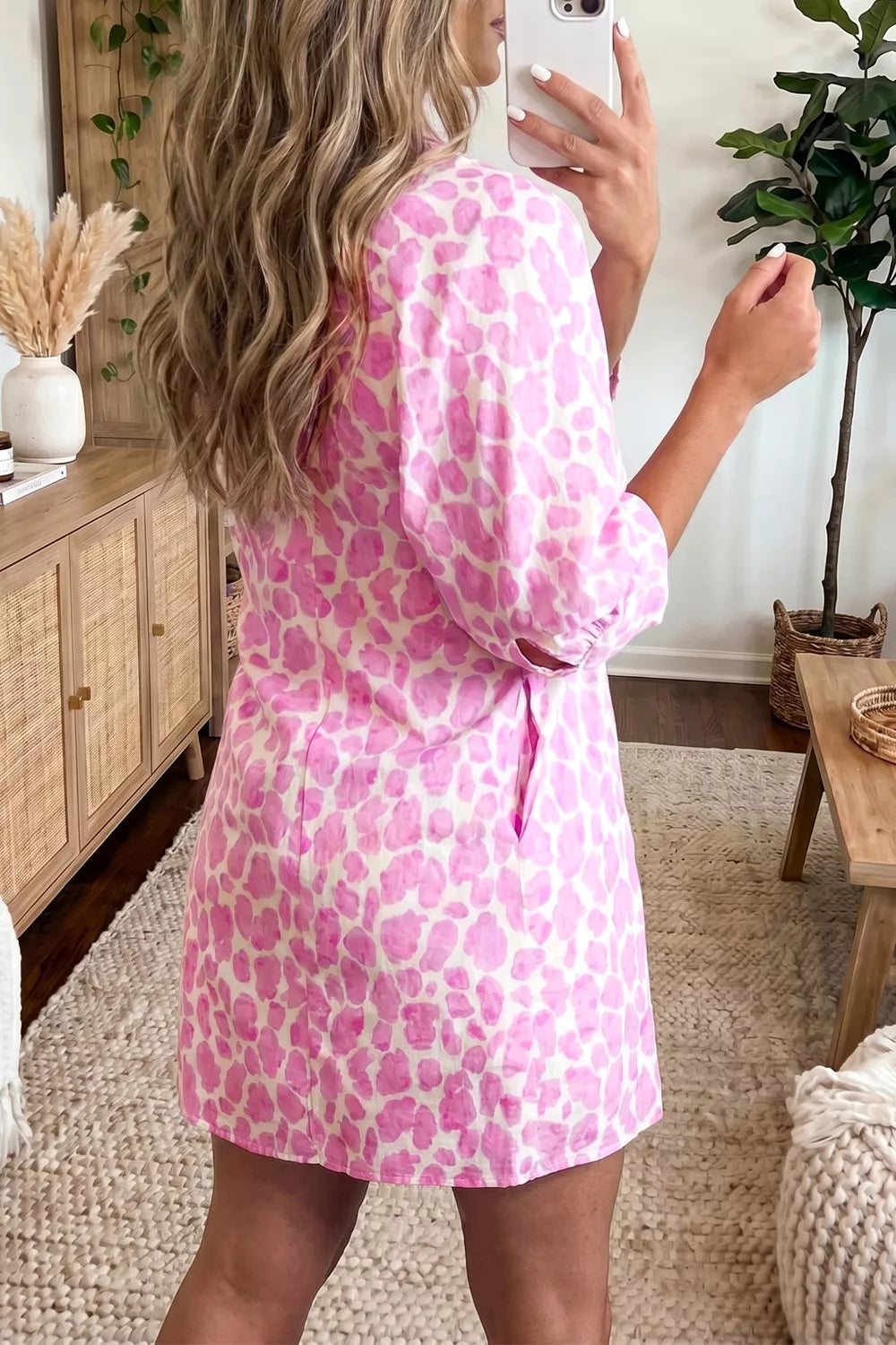 Abstract Leopard Print Tie Waist Puff Sleeve Mini Shirt Dress