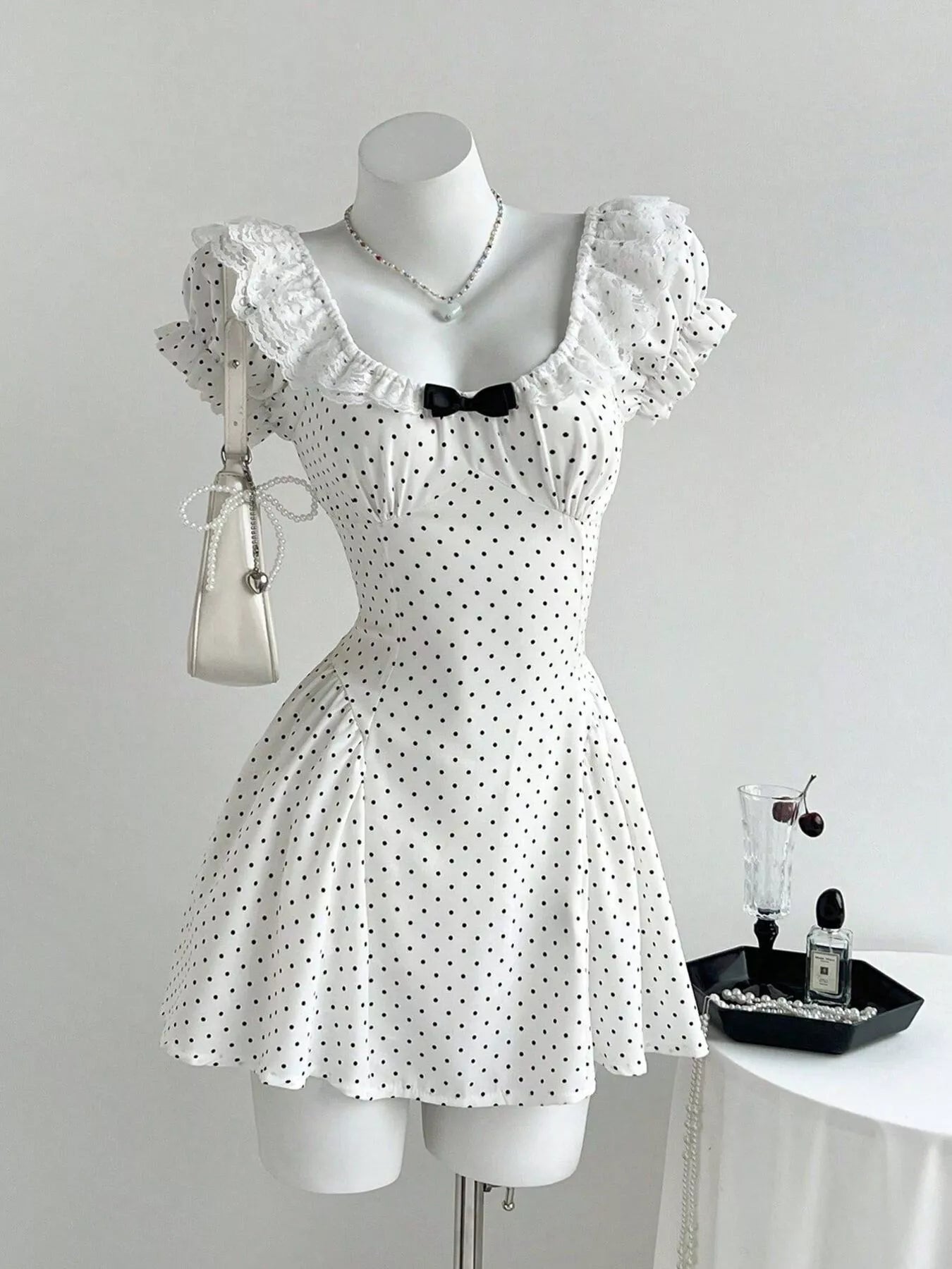 Lace Detail Polka Dot Mini Dress