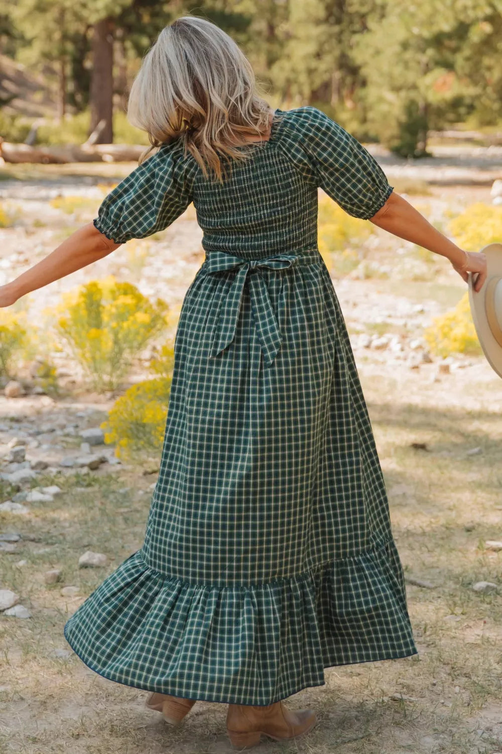 Plaid Square Neck Shirred High Waist Ruffle Hem Maxi Dress