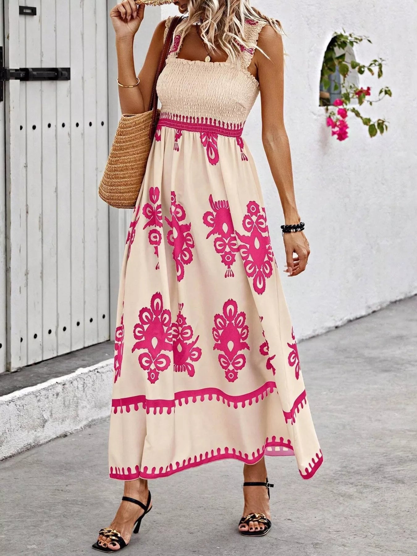 Smocked Printed Square Neck Maxi Dress