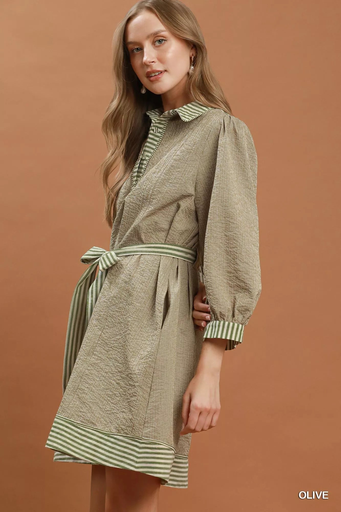 Umgee Striped Contrast Belted Puff Sleeve Mini Dress