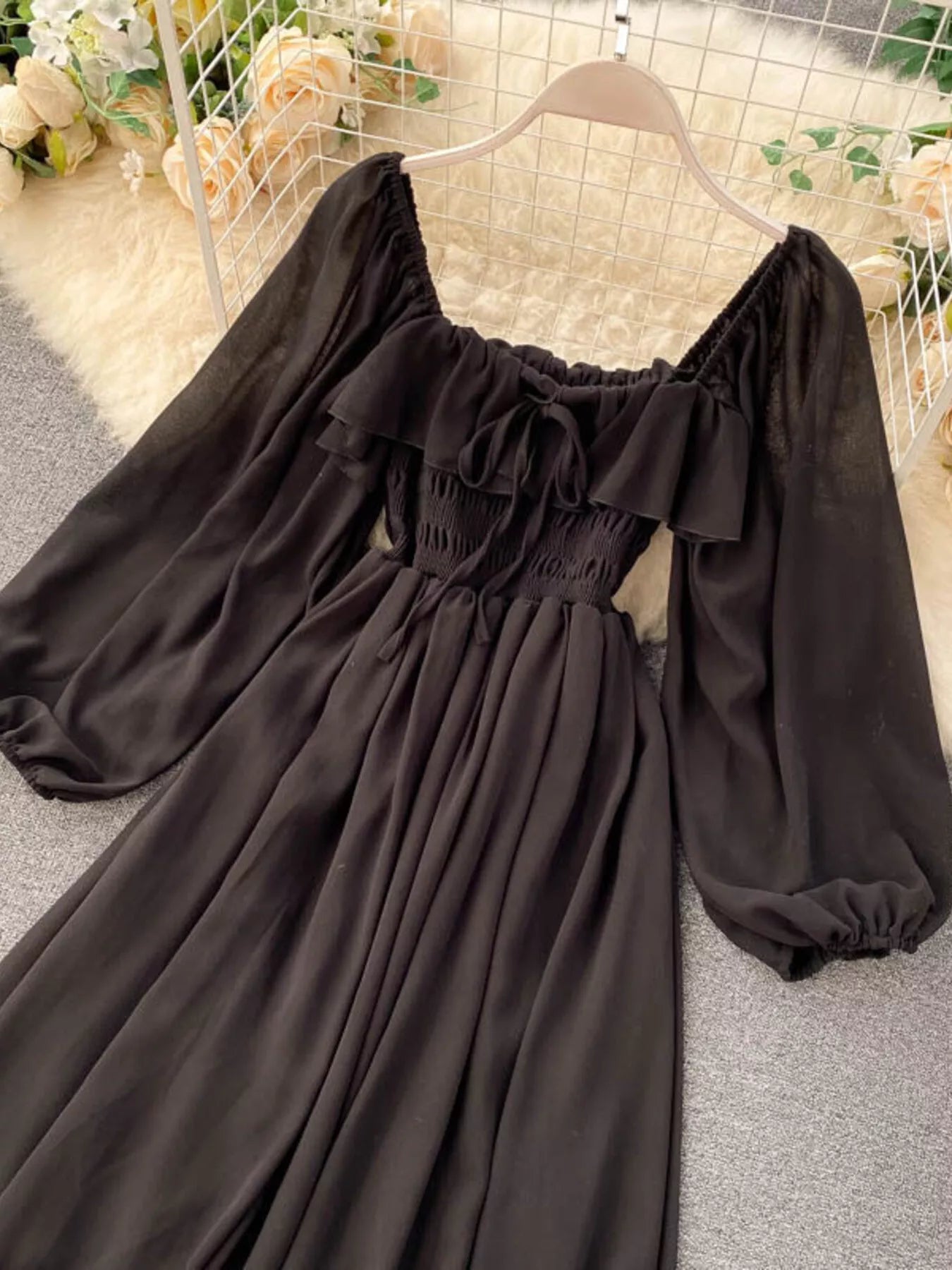 Ruffle Square Neck Balloon Sleeve A-Line Dress