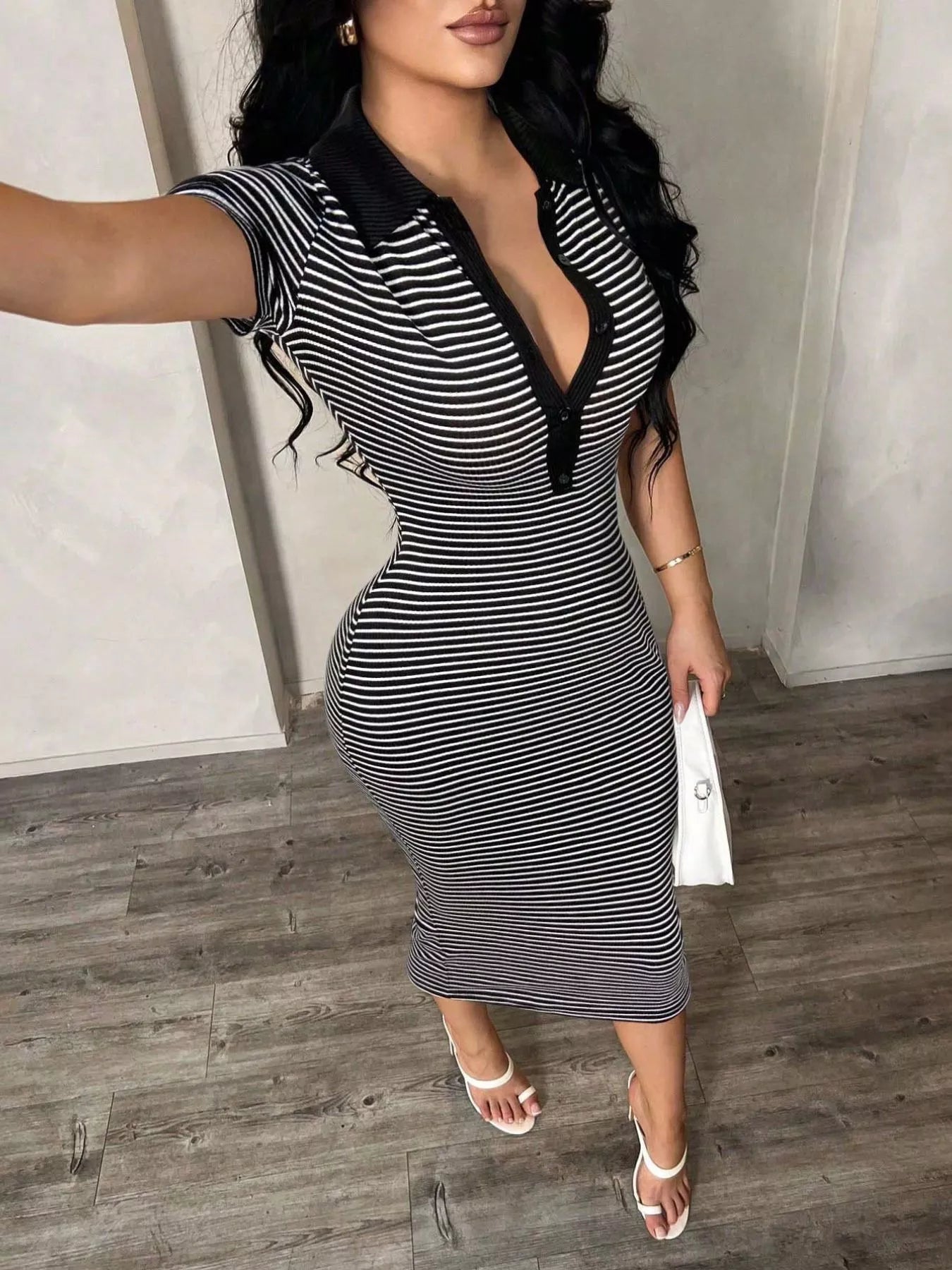 Striped Polo Collar Midi Dress