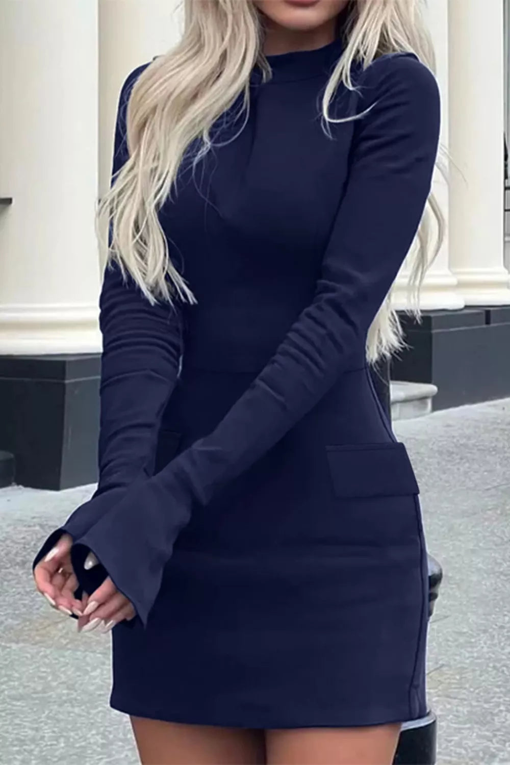 Long-Sleeve Mini Dress with Flap Pockets