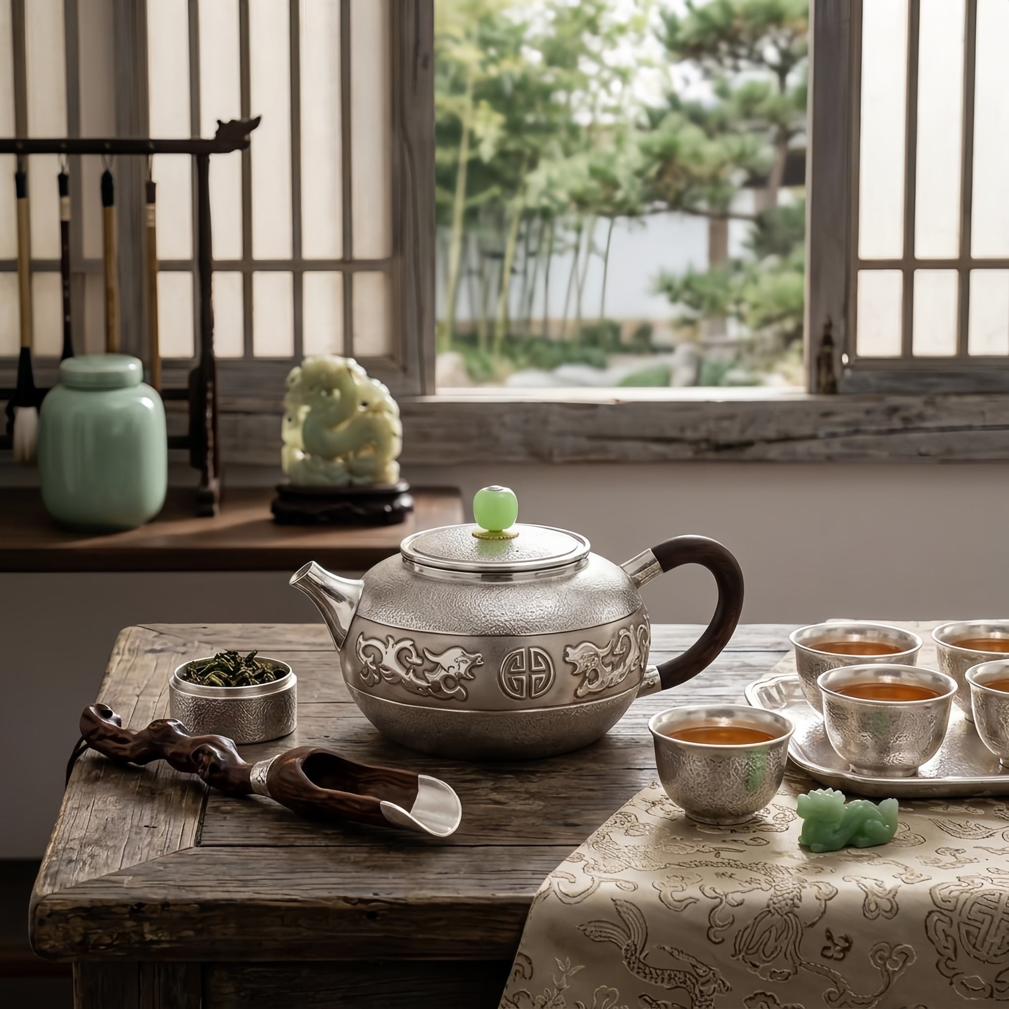 925 Sterling Silver Ornate Silver Dragon Teapot with Green Jade Finial and Elegant Wooden Handle - Handicraft
