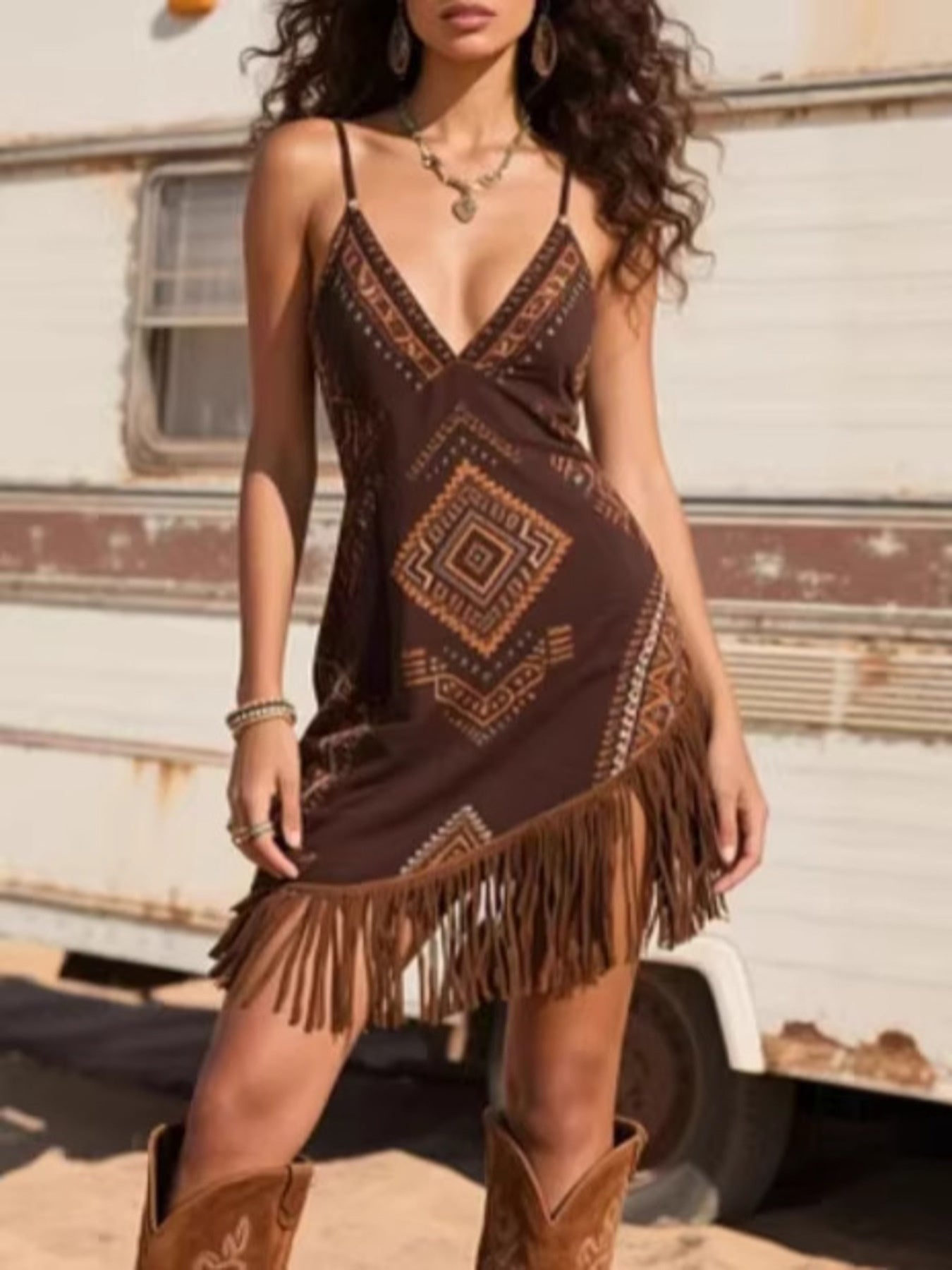 Fringe Trim Geometric Mini Dress