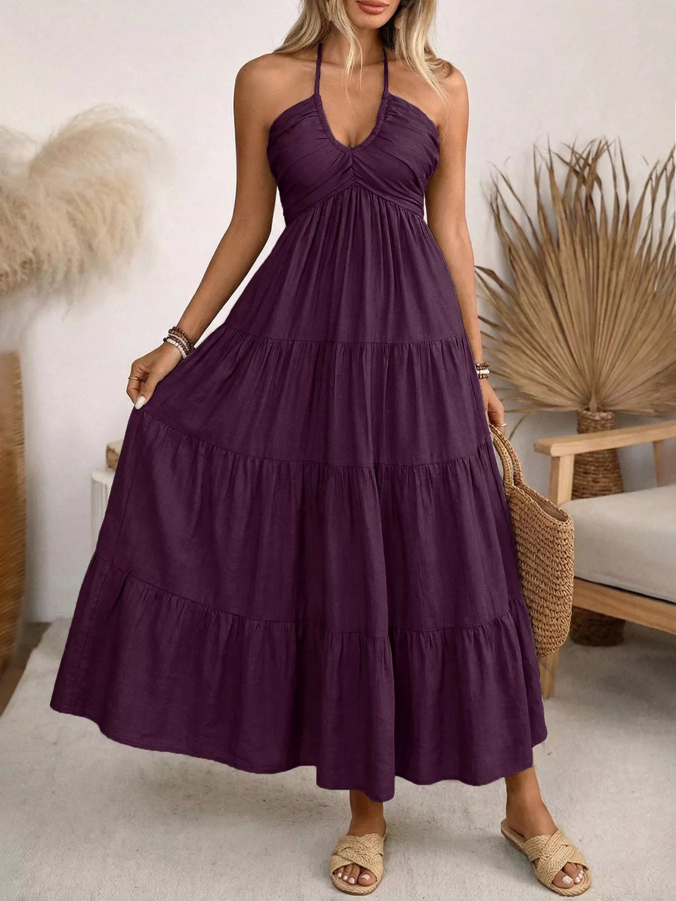 Halter Neck Tiered Midi Dress