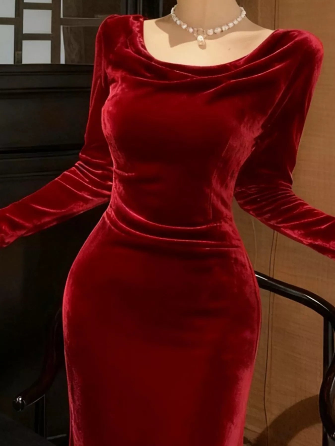 Velvet Cowl Neck Long Sleeve Midi Dress