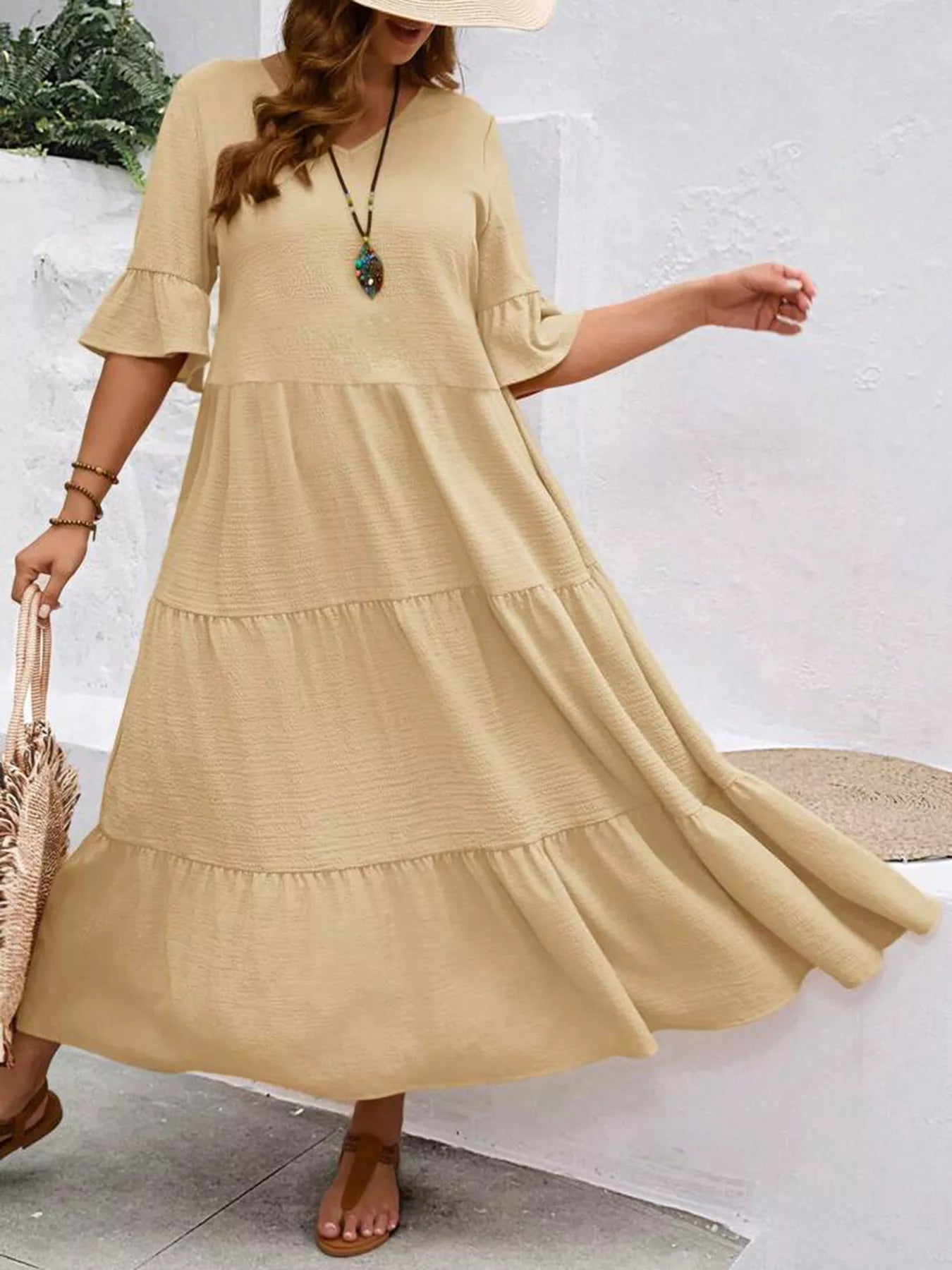 Plus Size Ruffle Sleeves Tiered Midi Dress
