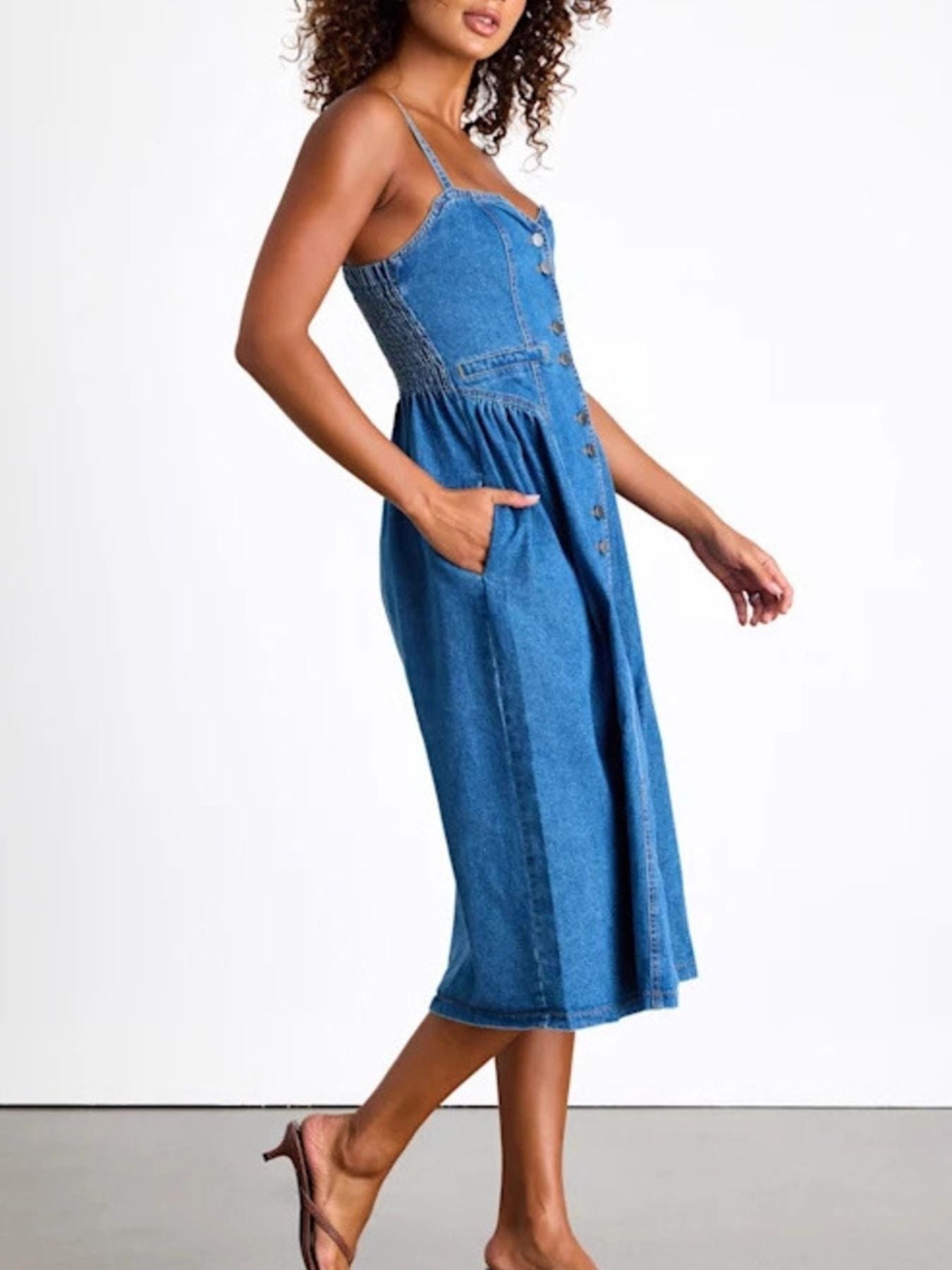 Button-Front Midi Denim Dress