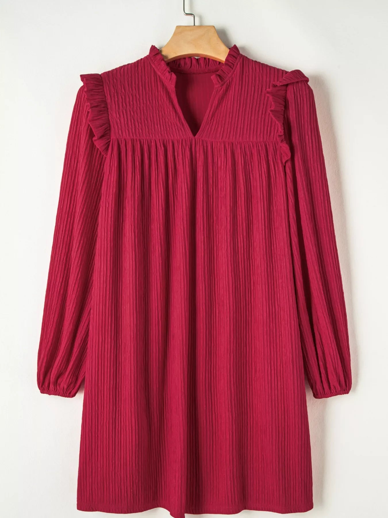 Textured Ruffled Trim Loose Fit Mini Dress