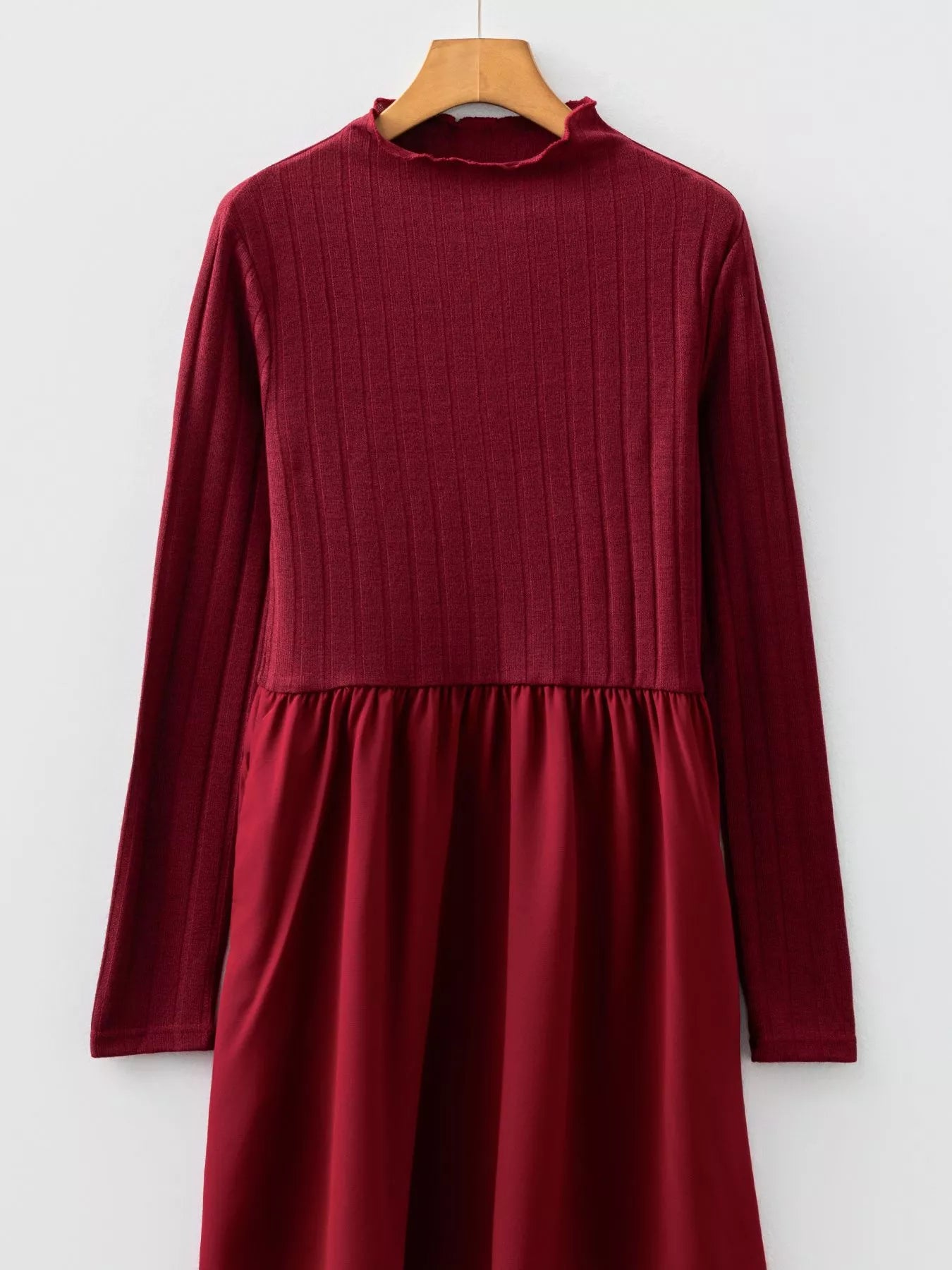 Frilled Neck Ribbed Knit Patchwork Long Sleeve Mini Dress