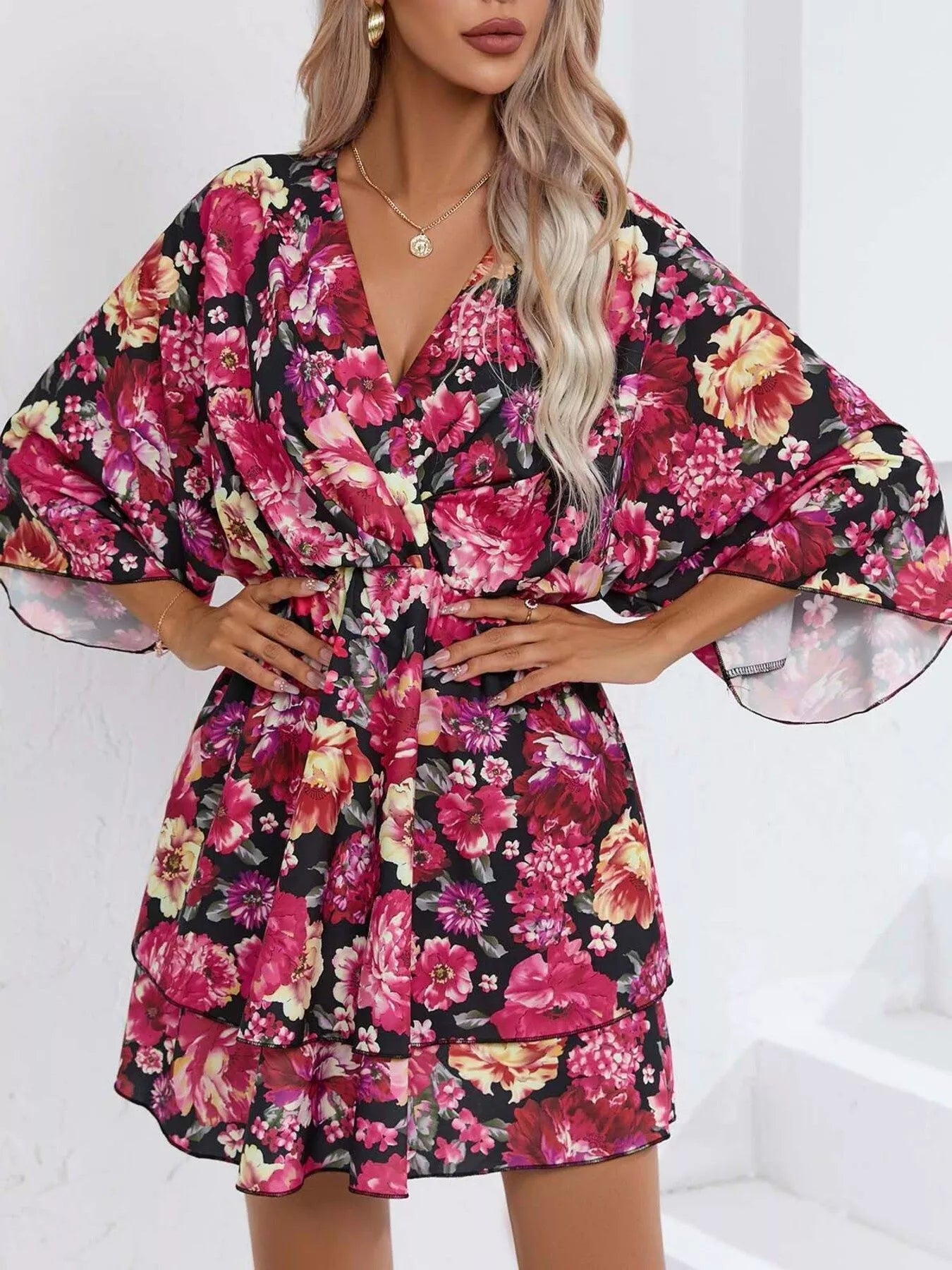 Floral Print Layered Ruffle Hem Mini Dress