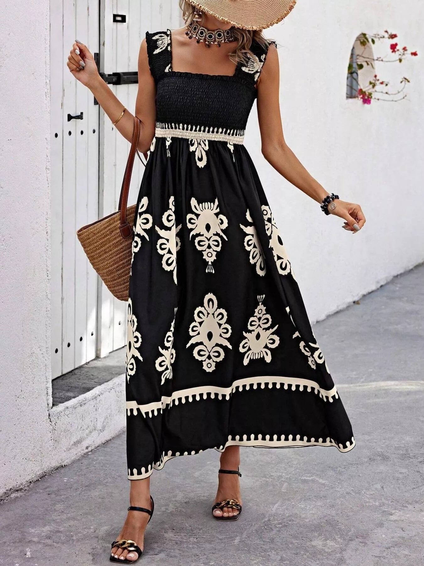 Smocked Printed Square Neck Maxi Dress