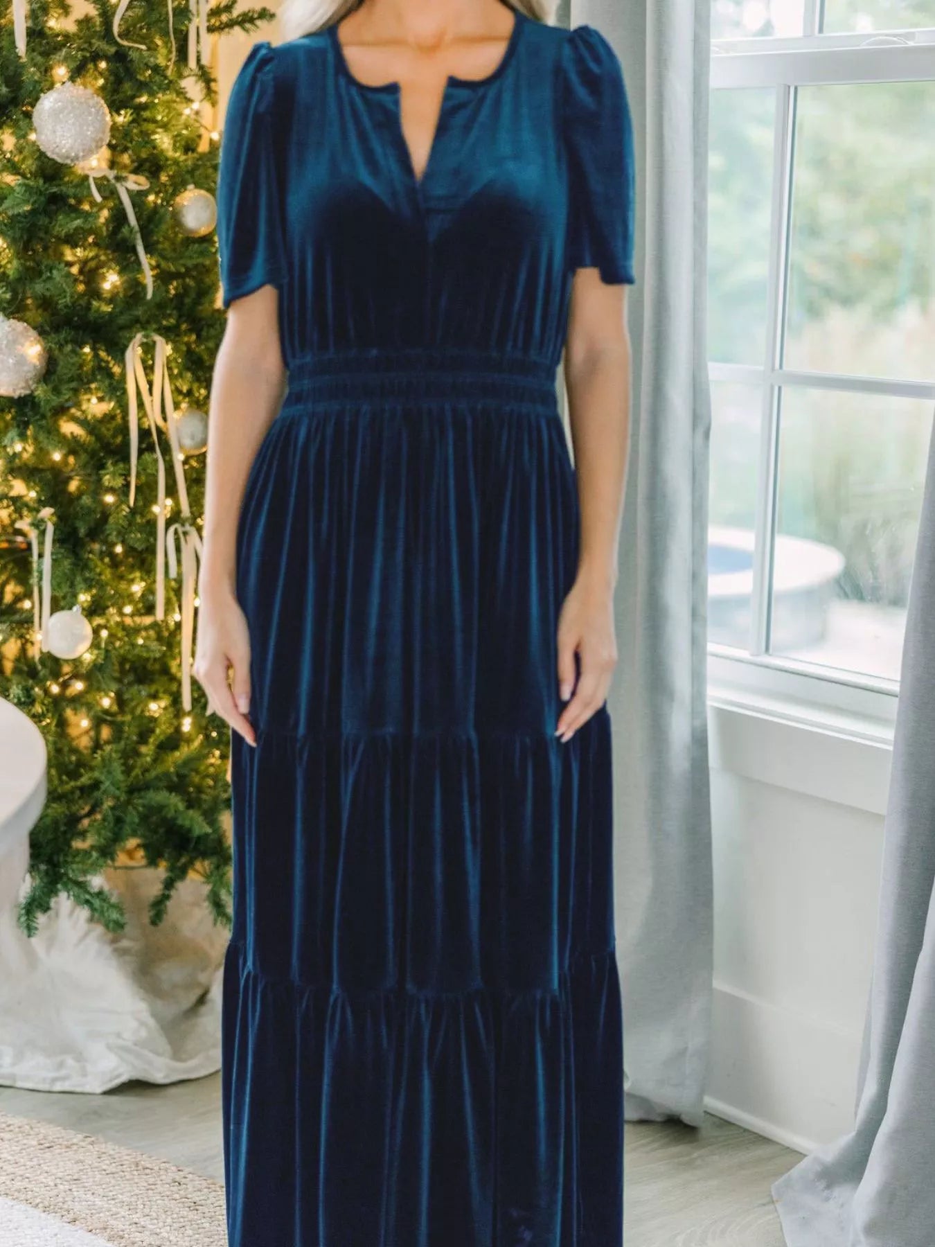 Velvet Tiered Short Sleeve Maxi Dress