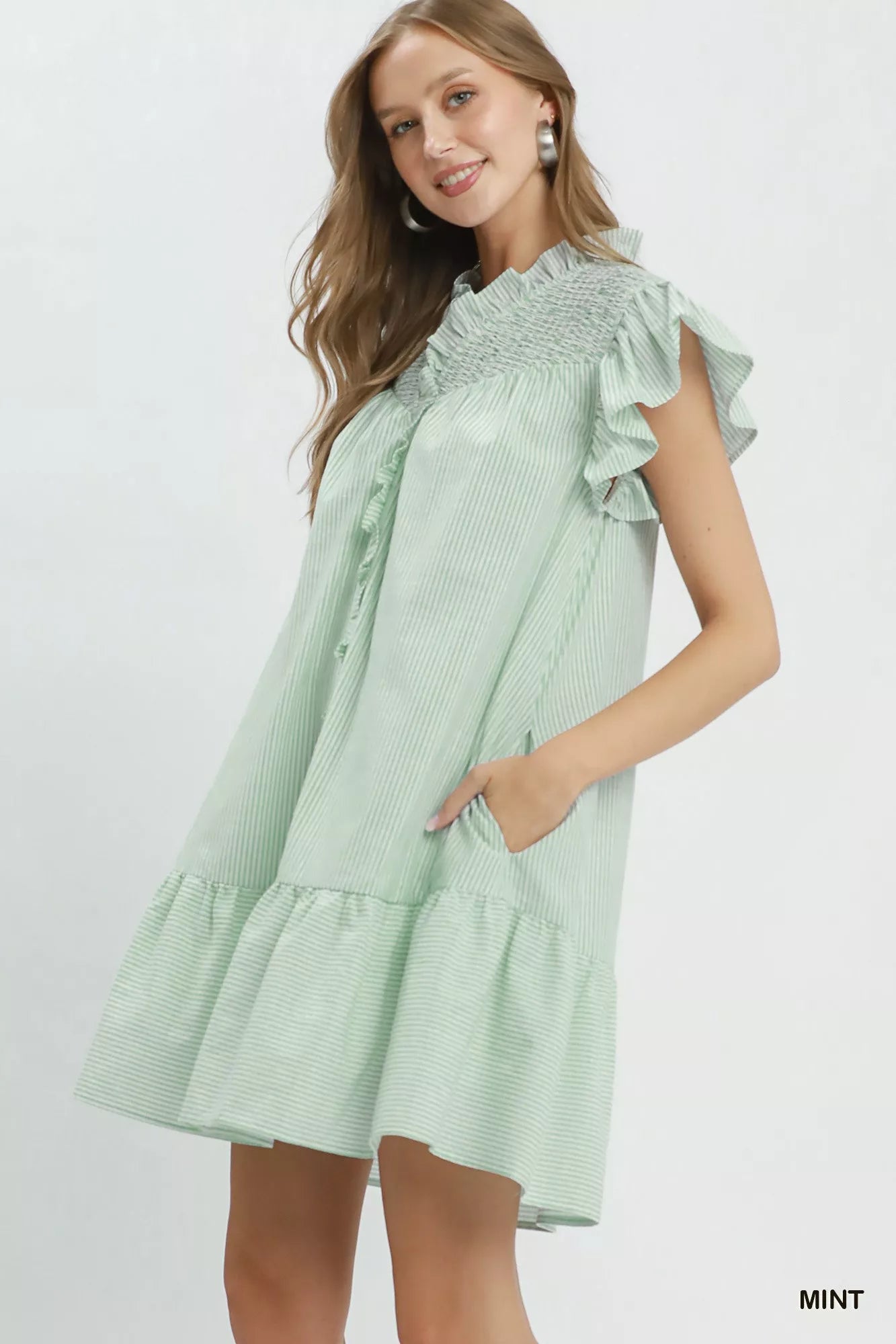 Umgee Stripe Smocked Yoke Ruffle Dress