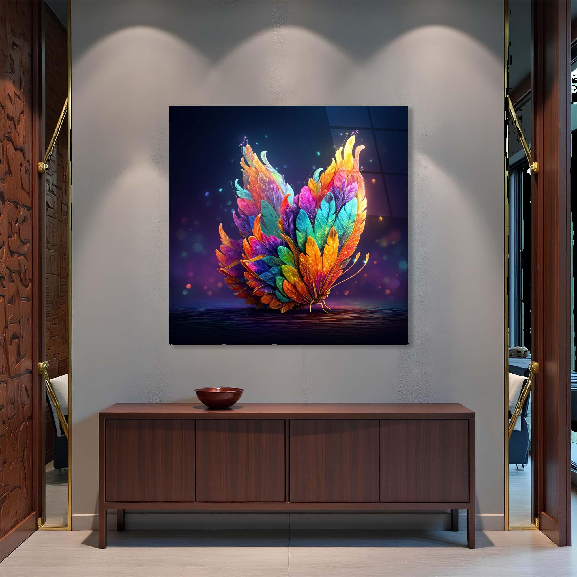 Feather Butterfly Tempered Glass Wall Art | Fantasy Office Decor