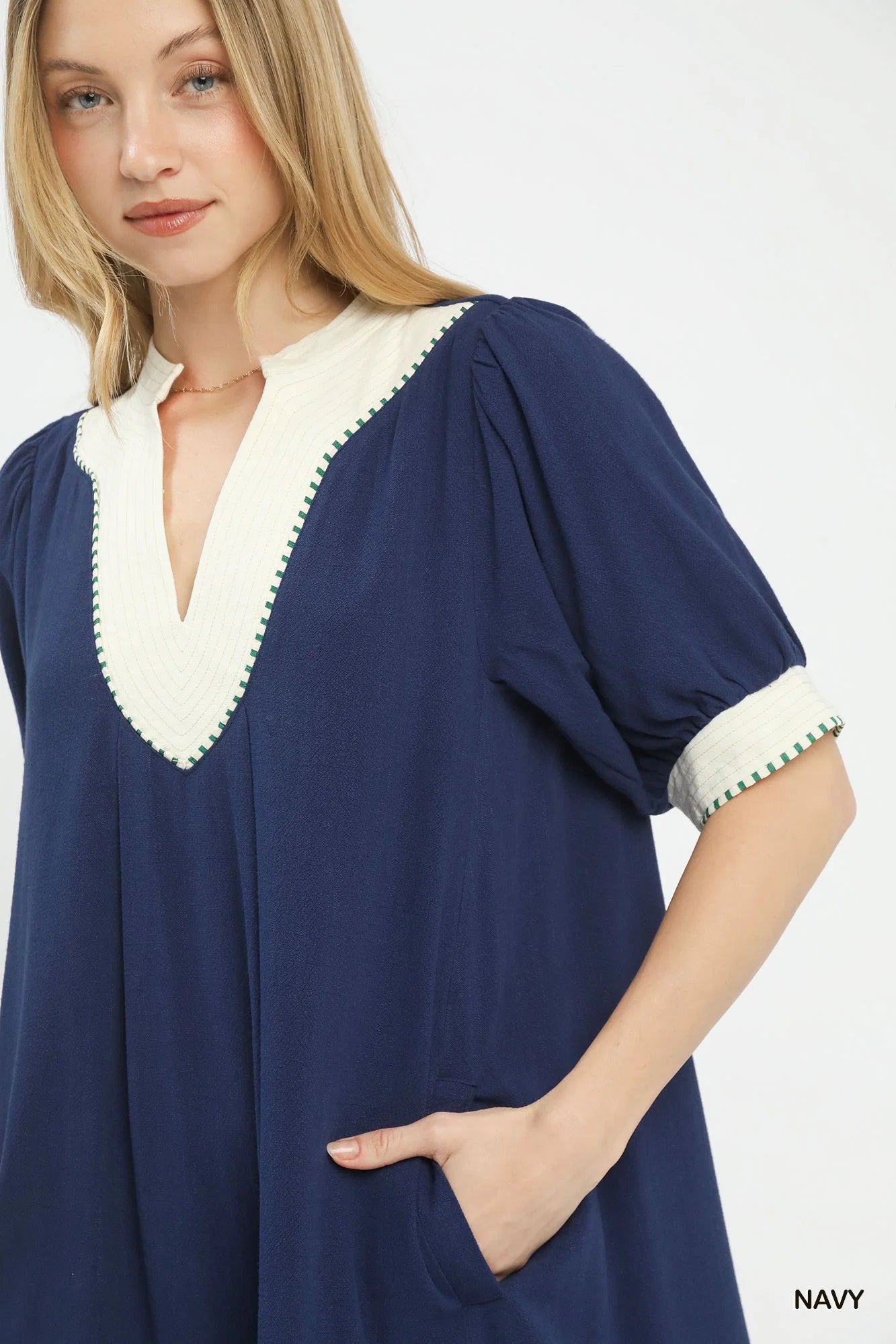 Umgee Linen Contrast Trim Midi Dress