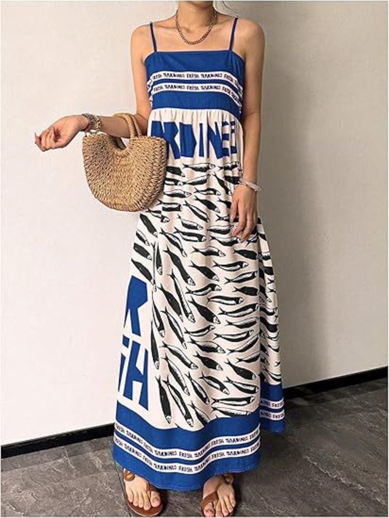 Sardine Print Spaghetti Strap Maxi Dress