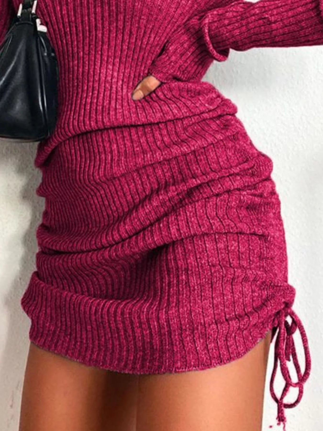 Full Size Ribbed Knit Drawstring Bodycon Sweater Dress Plus Size