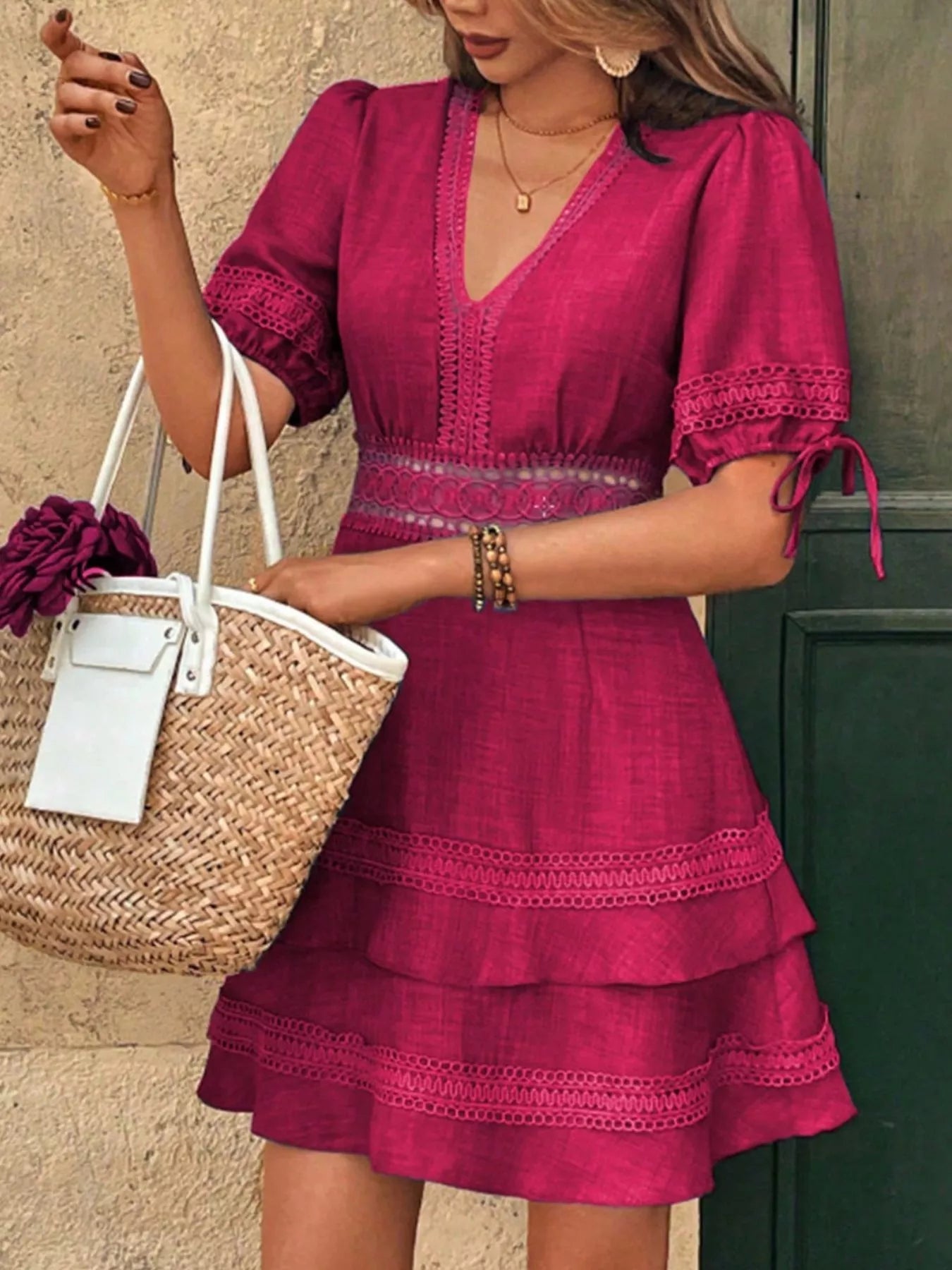 Lace Detail V-Neck Mini Dress