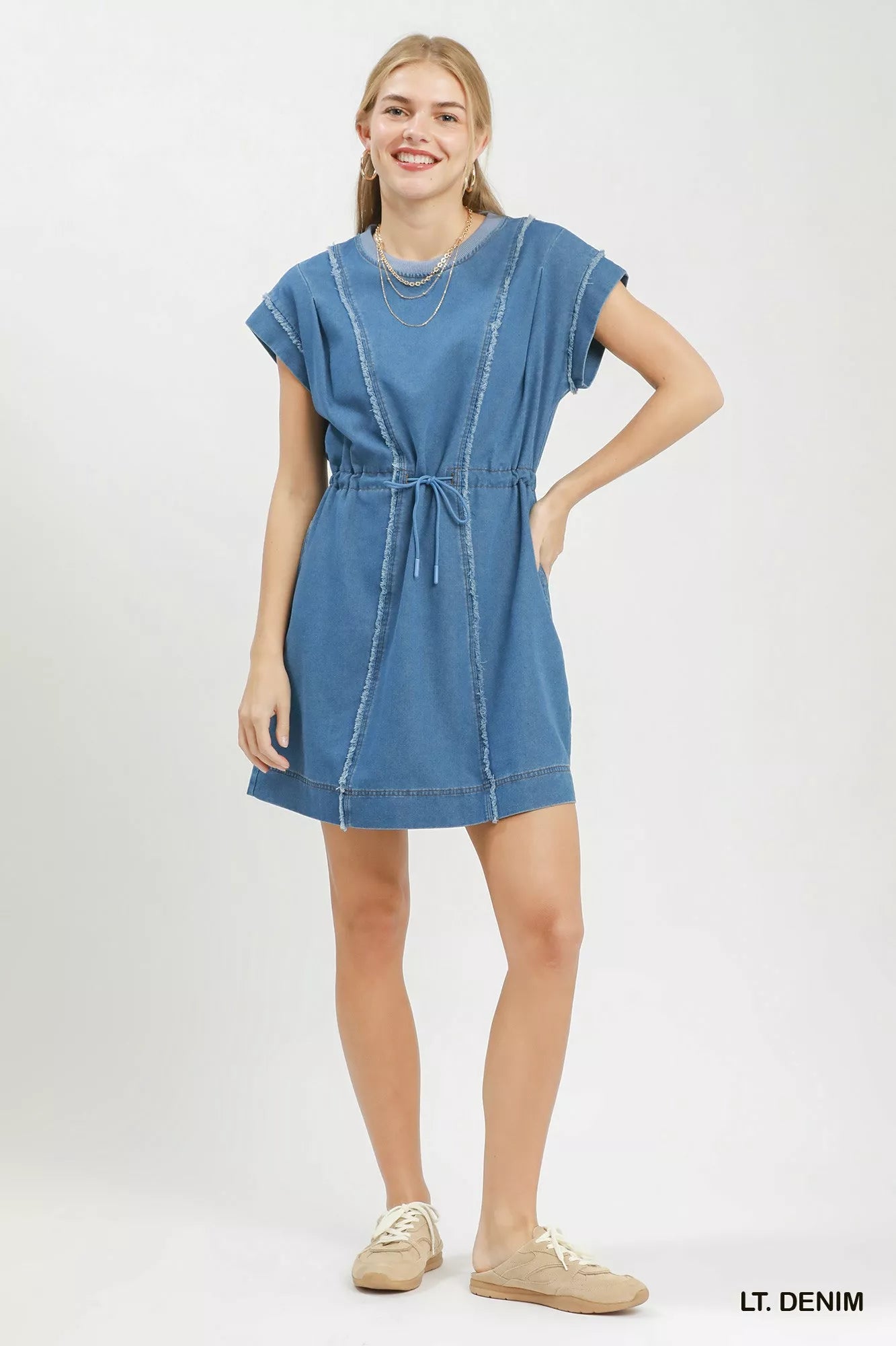 Umgee Drawstring Waist Frayed Denim Mini Dress