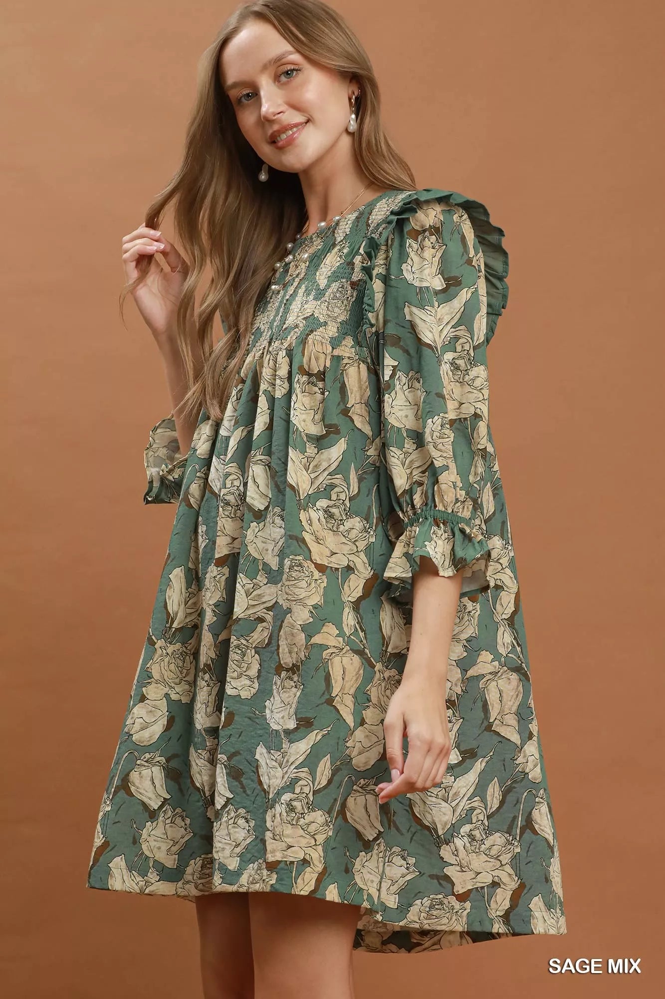Umgee Mix Floral Print Smocked Ruffle Detail Flowy Dress