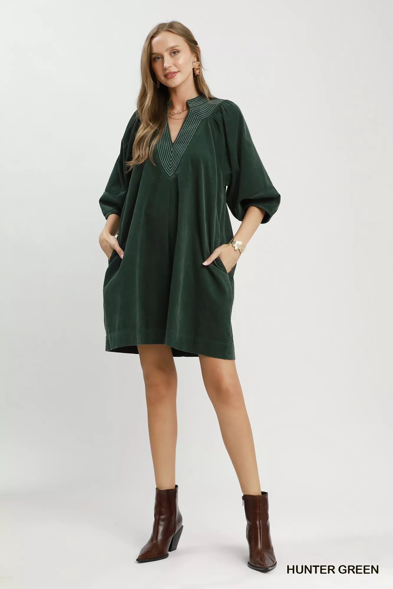 Umgee Corduroy V-Neck Puff Sleeve Shift Dress with Pockets