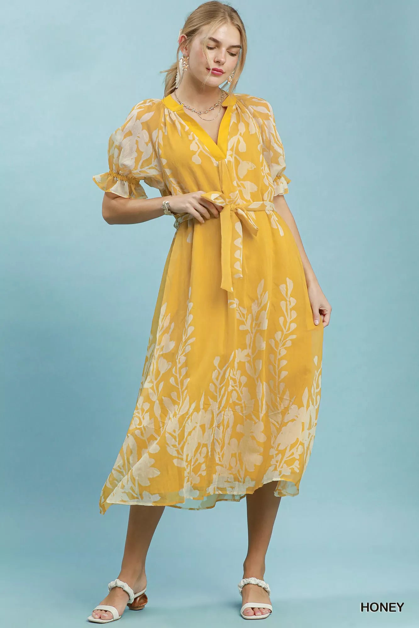 Umgee Floral Print Tie Waist Midi Dress with Side Pockets