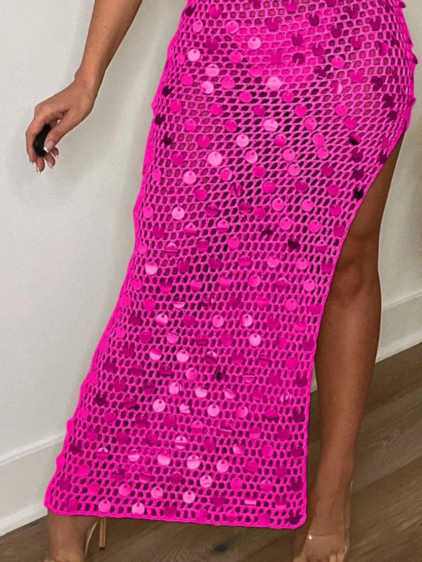 Sequin Embellished Crochet Maxi Dress with High Slit
