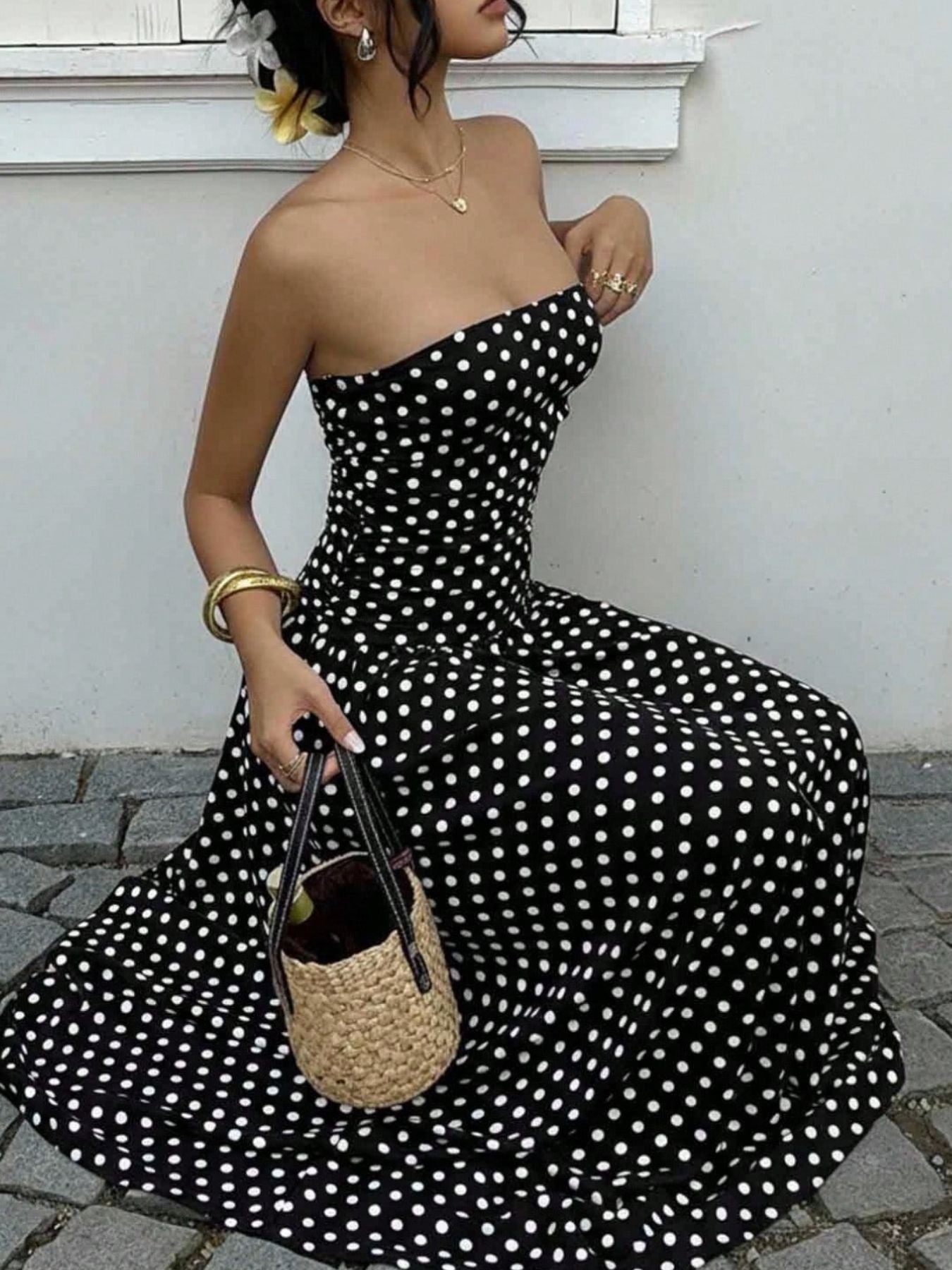 Polka Dot Ruched Strapless Maxi Dress