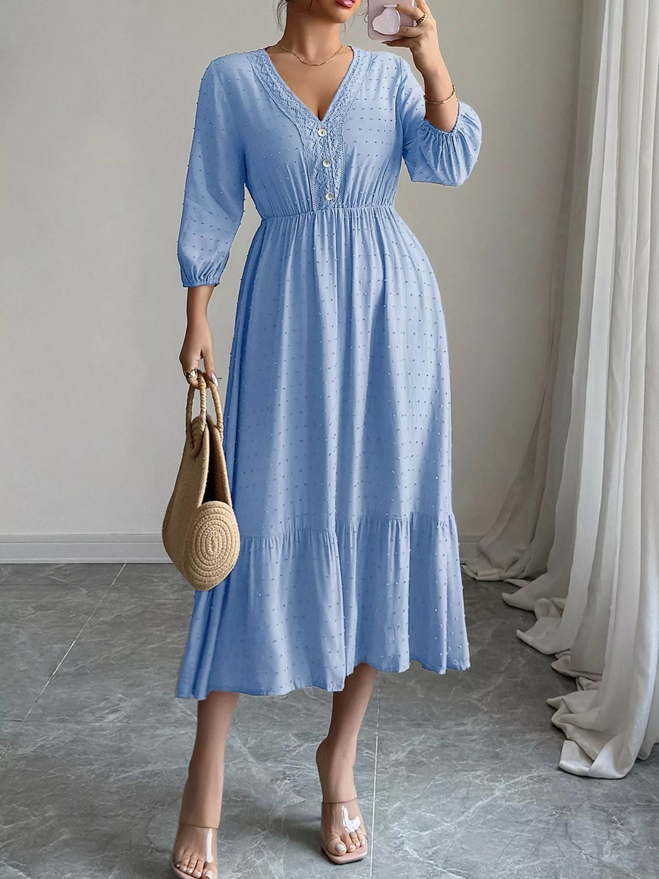 Swiss Dot Ruffle Hem Midi Dress