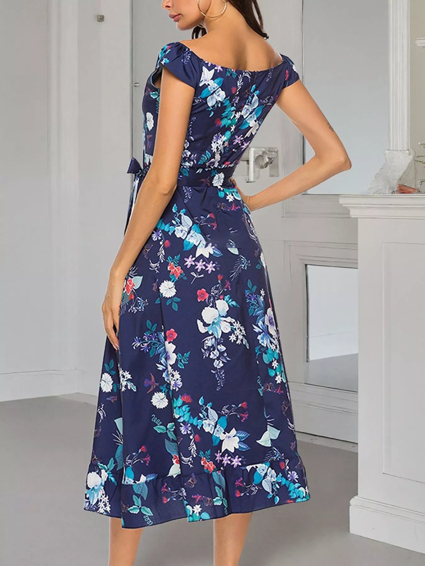 Floral Print Off Shoulder Midi Dress