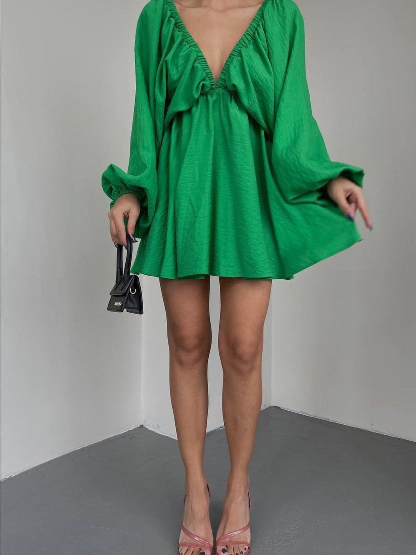 Deep V-Neck Balloon Sleeve Dress
