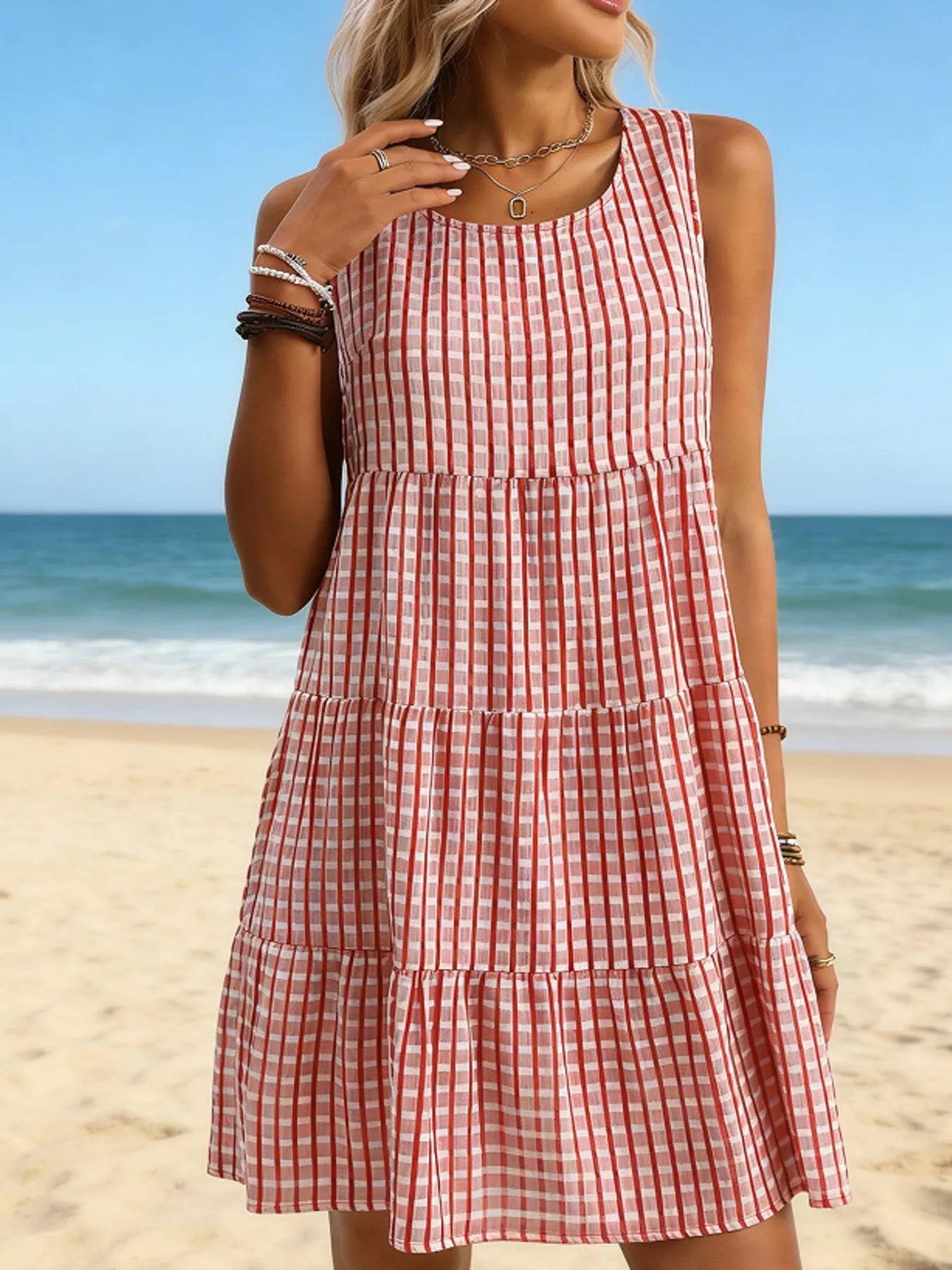 Textured Sleeveless Tiered Mini Dress