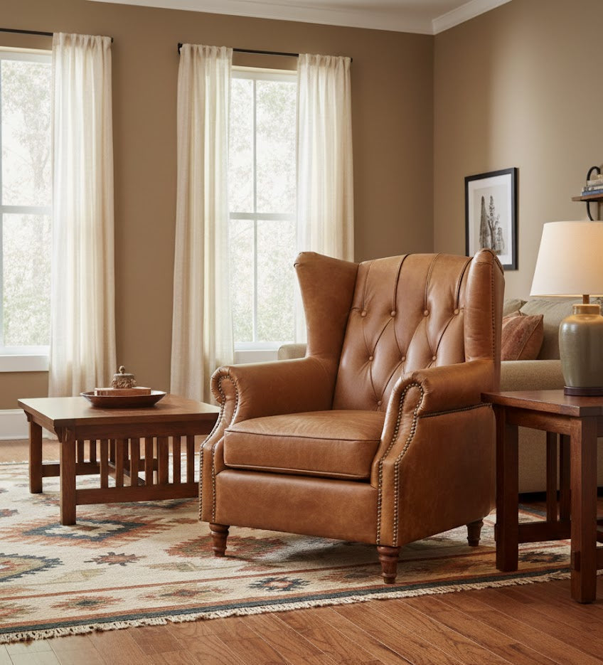 Tufted English Rolled Arm Wing Chair - Light Brown Leather