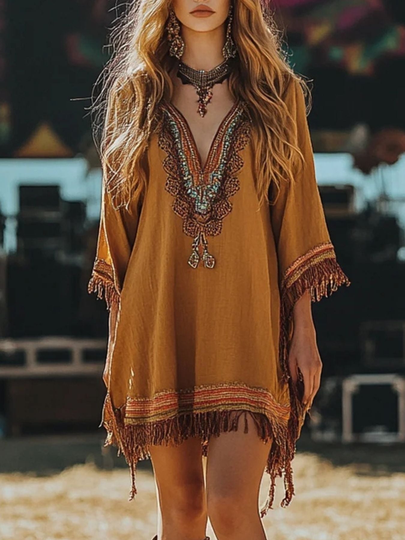 Fringe Hem 3/4 Sleeve Mini Dress