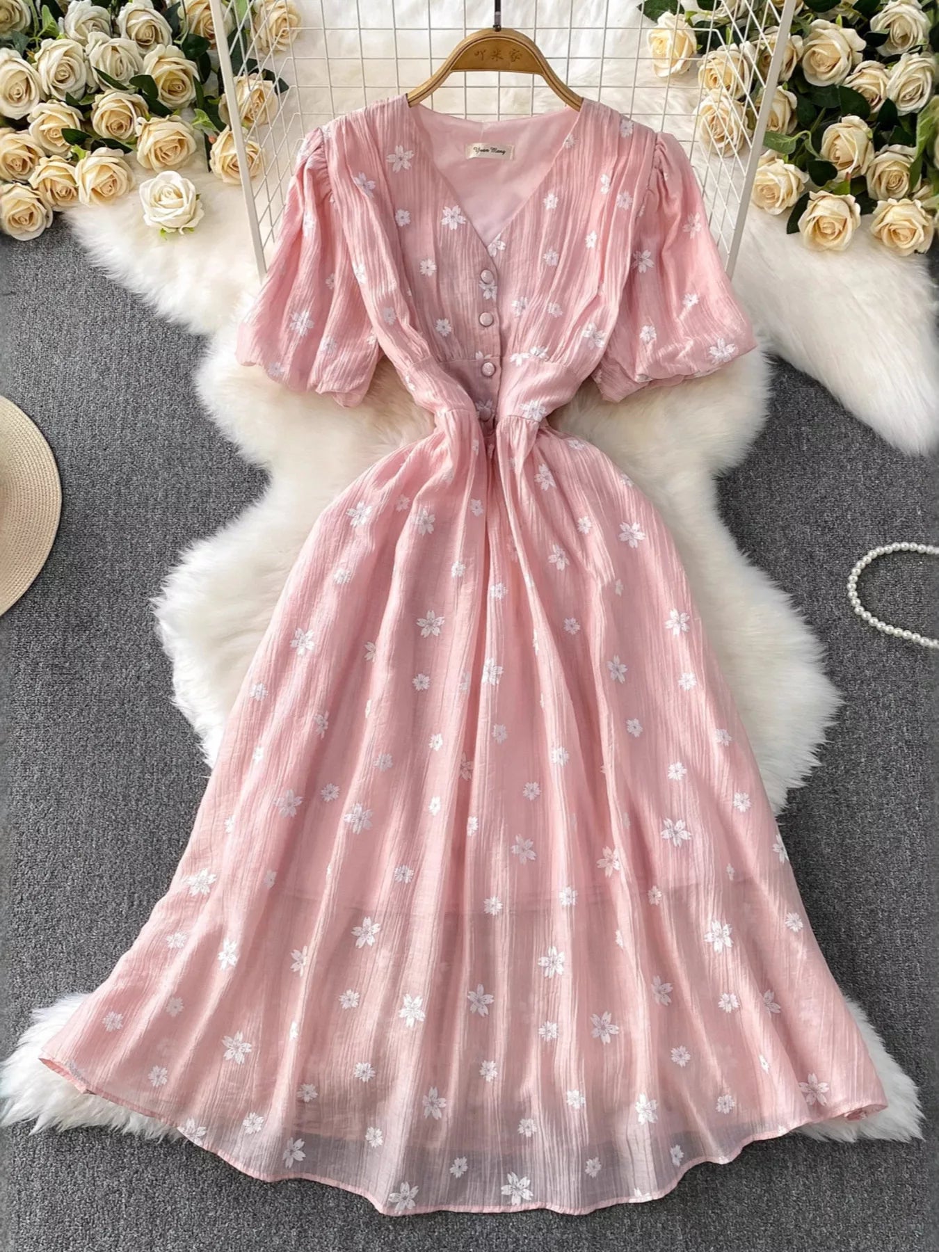 Floral Puff Sleeve A-Line Midi Dress