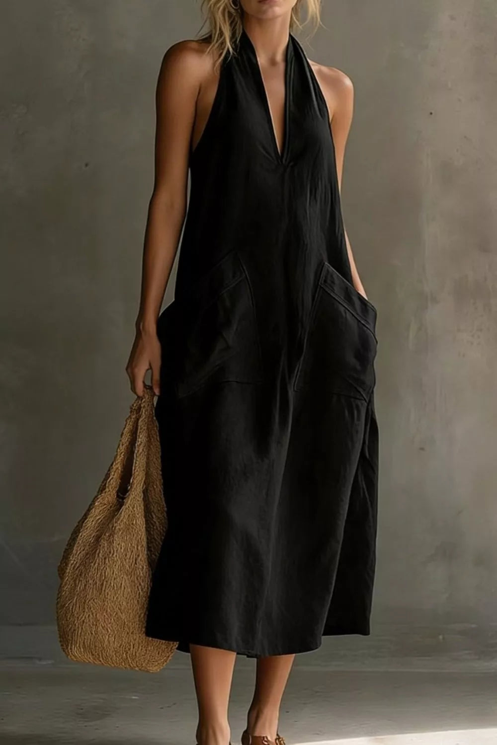 Casual Halter Neck Pocket Midi Dress