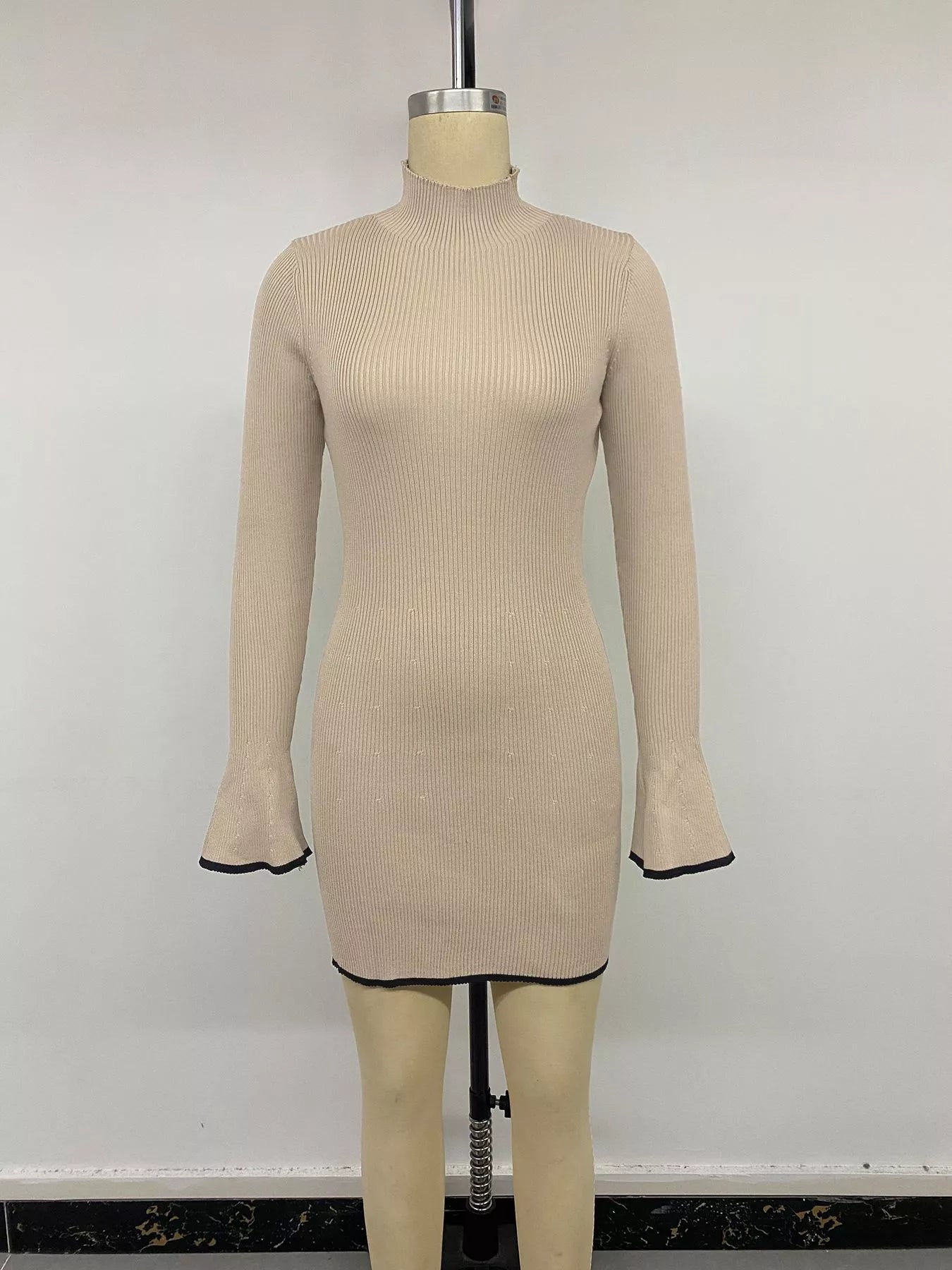 Ribbed Mock Neck Flare Sleeve Sweater Dress
