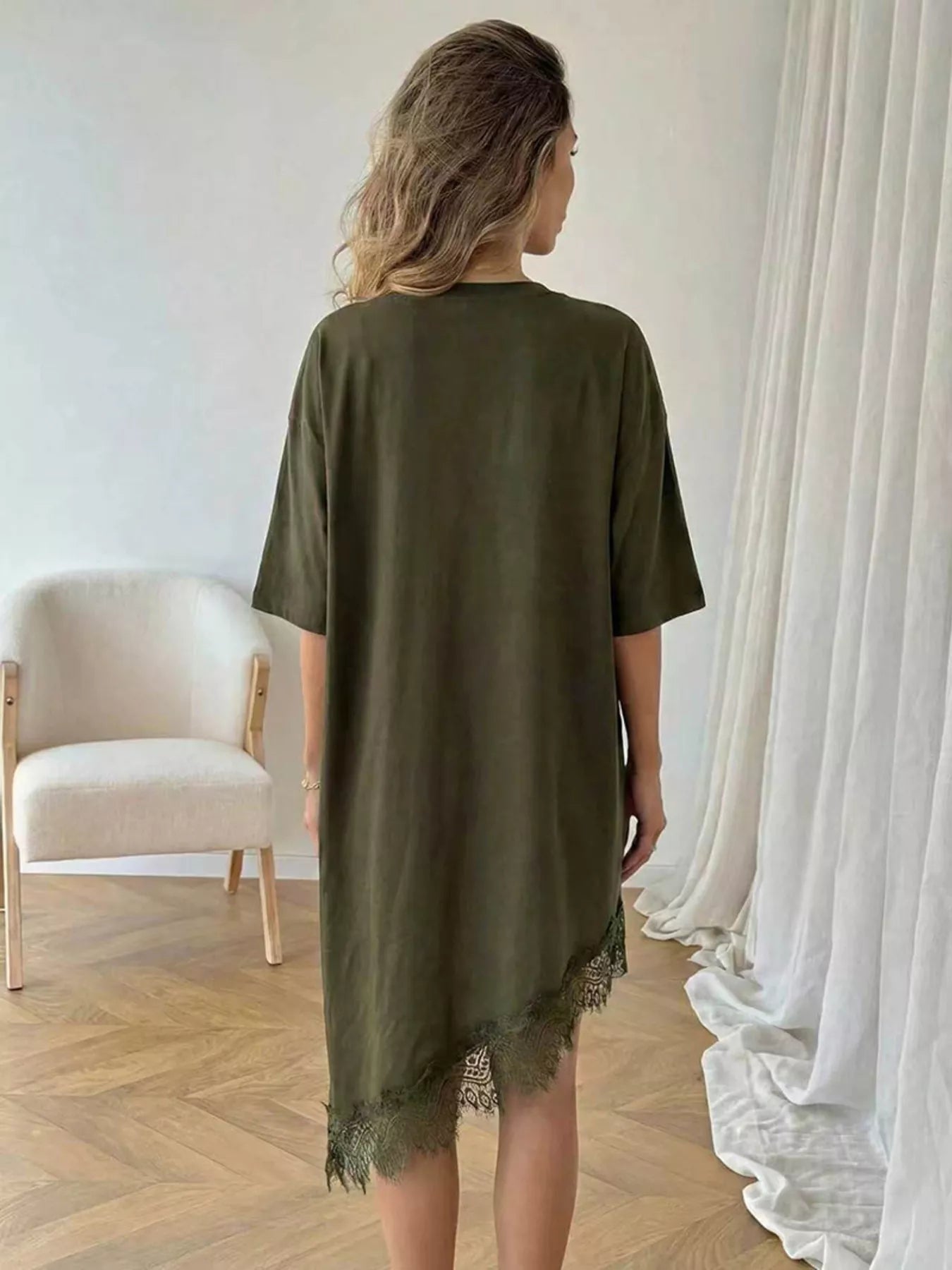 Lace Trim Asymmetrical Hem T-shirt Dress