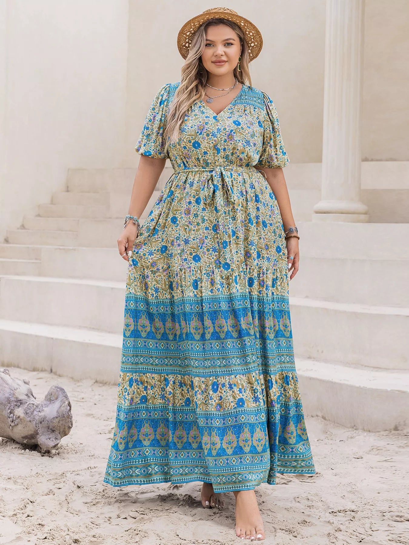 Plus Size V-Neck Floral Print Maxi Dress