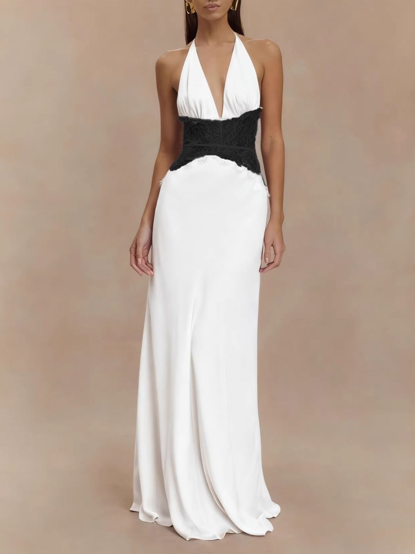 Halter Neck Lace Trimmed Maxi Dress